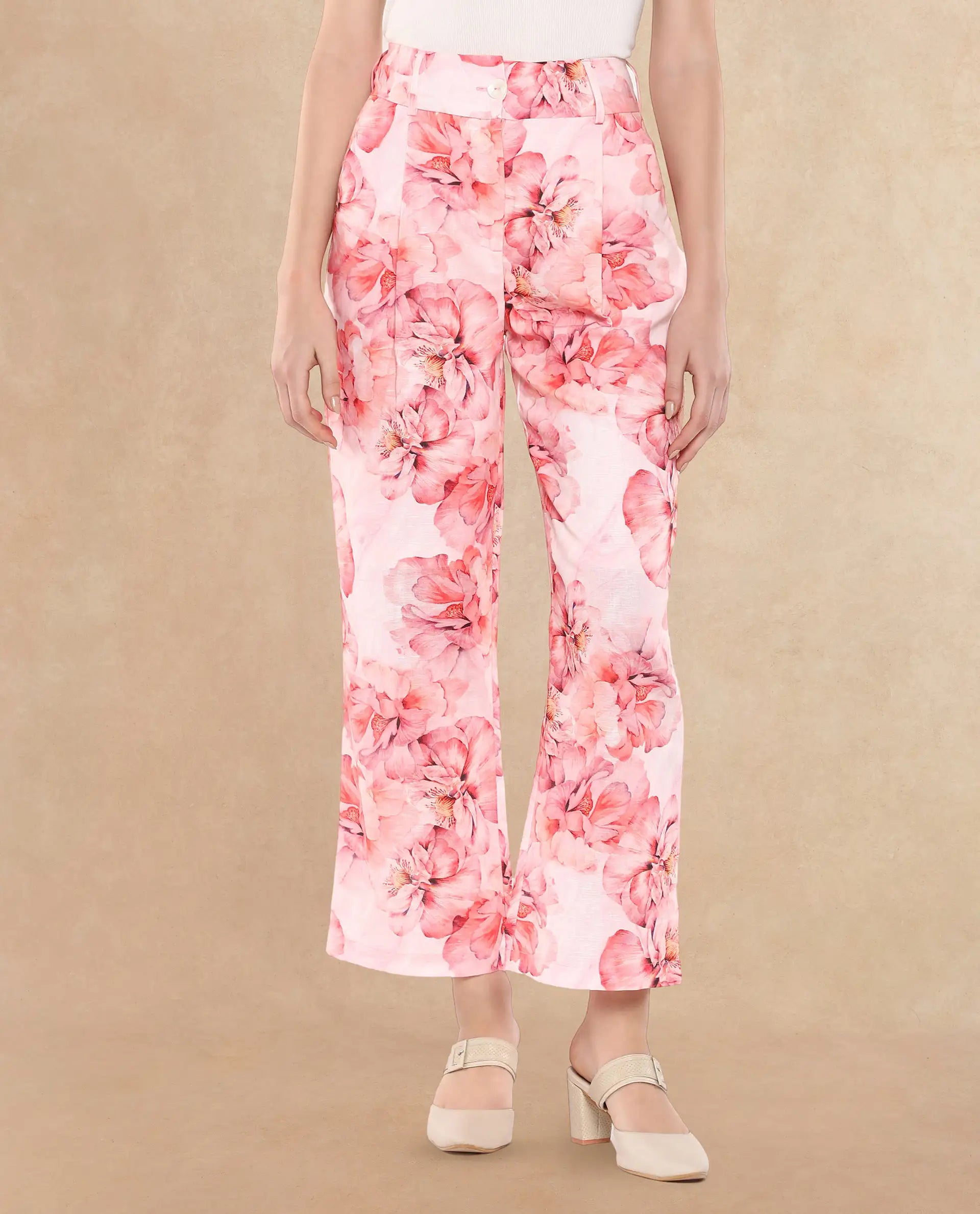 Rareism Women Quzal Pink Straight Fit Ankle Length Floral Print Trouser