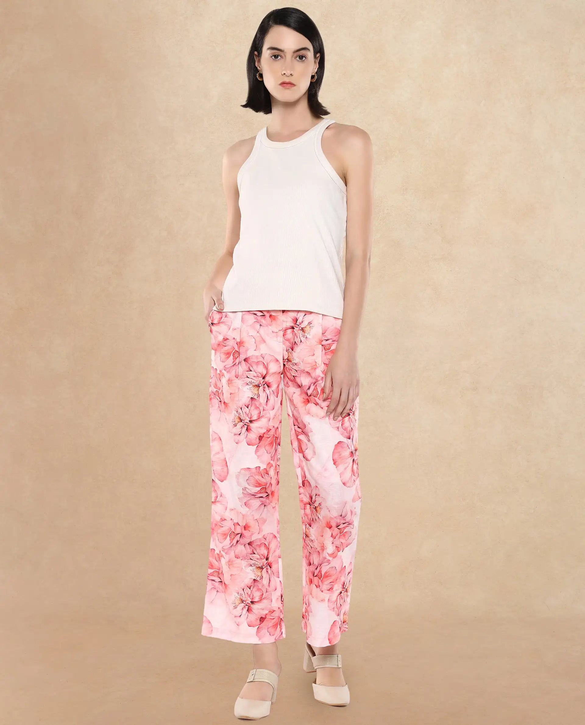 Rareism Women Quzal Pink Straight Fit Ankle Length Floral Print Trouser