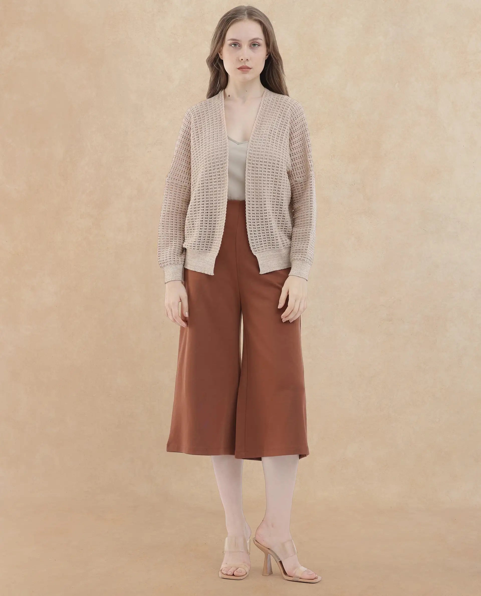 Rareism Women's Roba Gold Cotton Plain Relaxed Fit Shrug