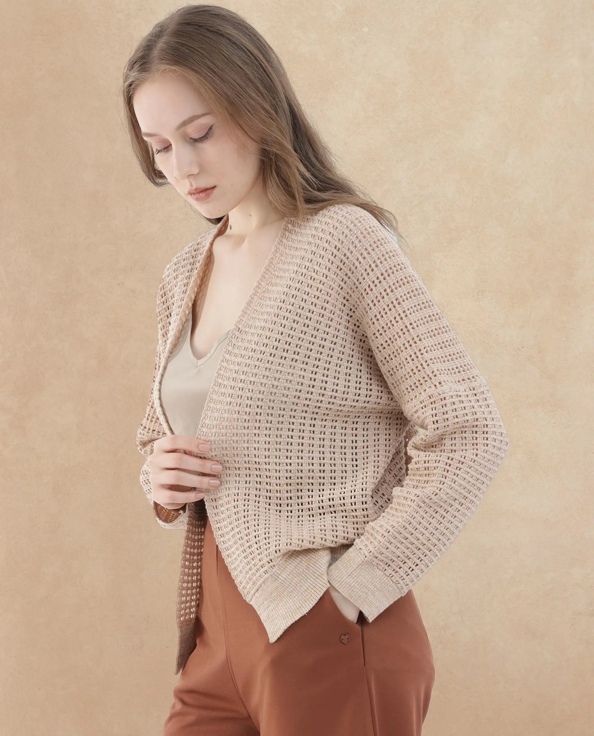 Rareism Women's Roba Gold Cotton Plain Relaxed Fit Shrug