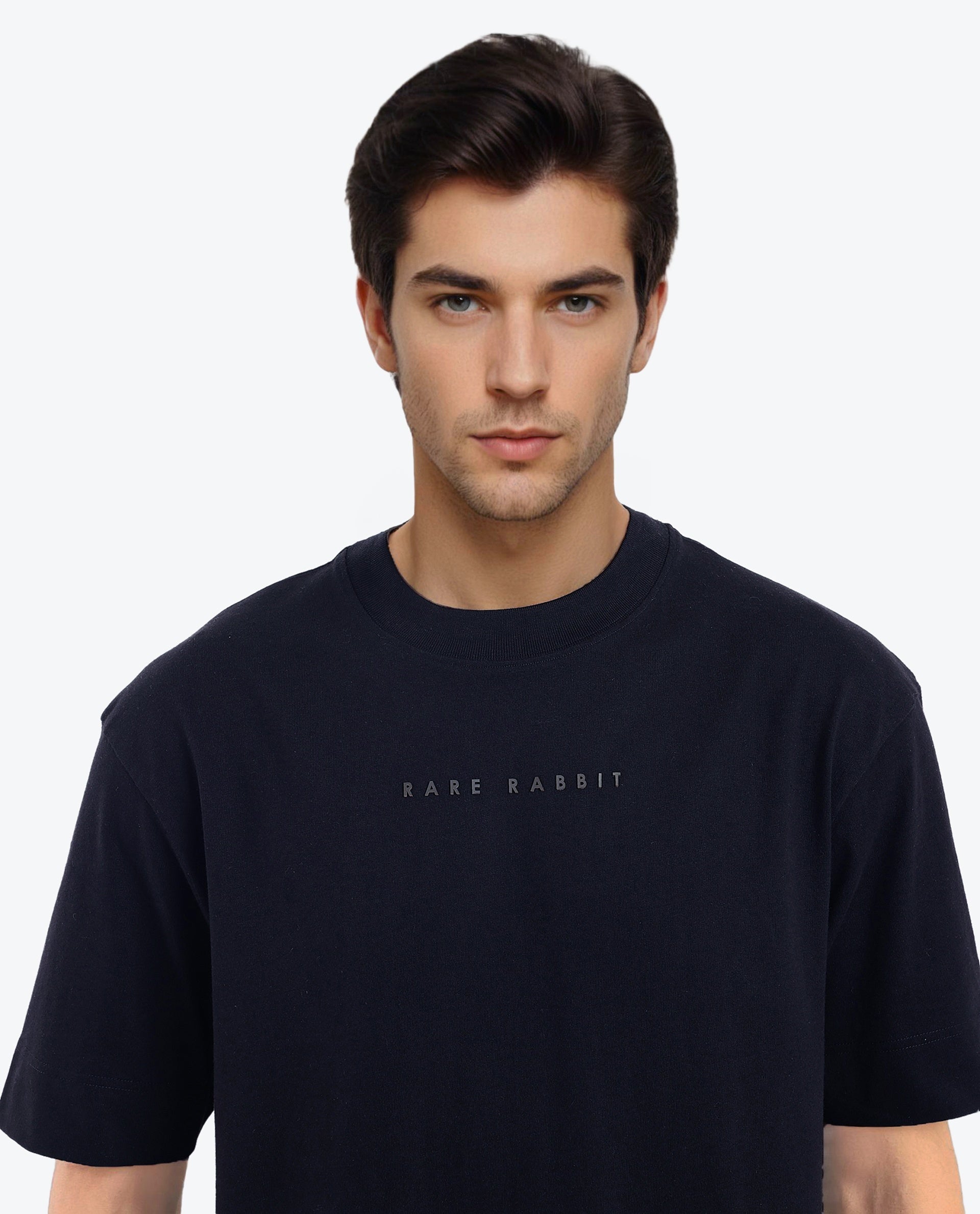 Rare Rabbit Men Rabb Black Cotton Fabric Short Sleeve Crew Neck Oversized Fit Graphic Back Print T-Shirt