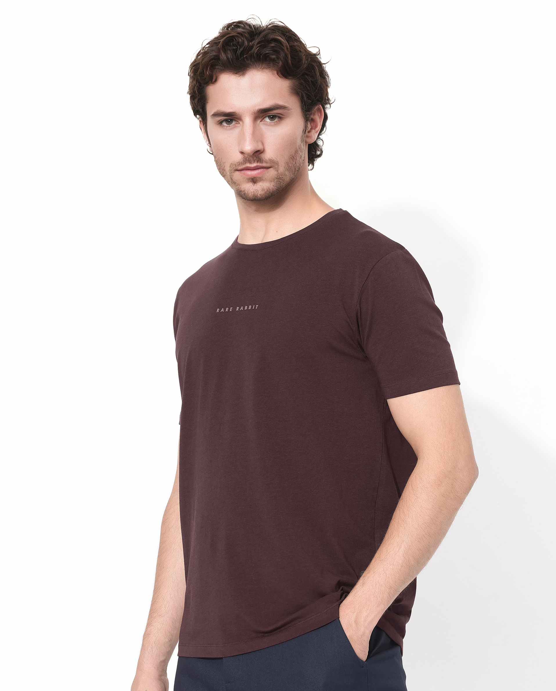 Rare Rabbit Men's Rabbit-Inf Maroon Cotton Fabric Short Sleeves Crew Neck Regular Fit Plain T-Shirt