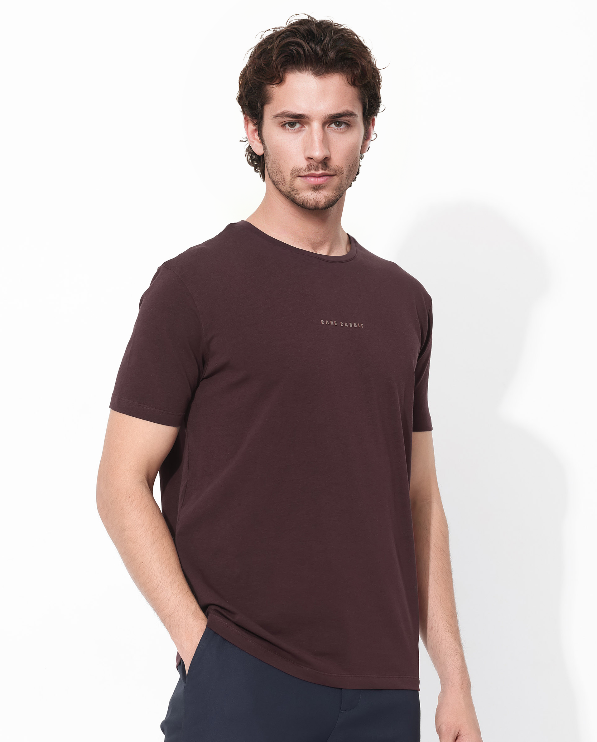 Rare Rabbit Men's Rabbit-Inf Maroon Cotton Fabric Short Sleeves Crew Neck Regular Fit Plain T-Shirt