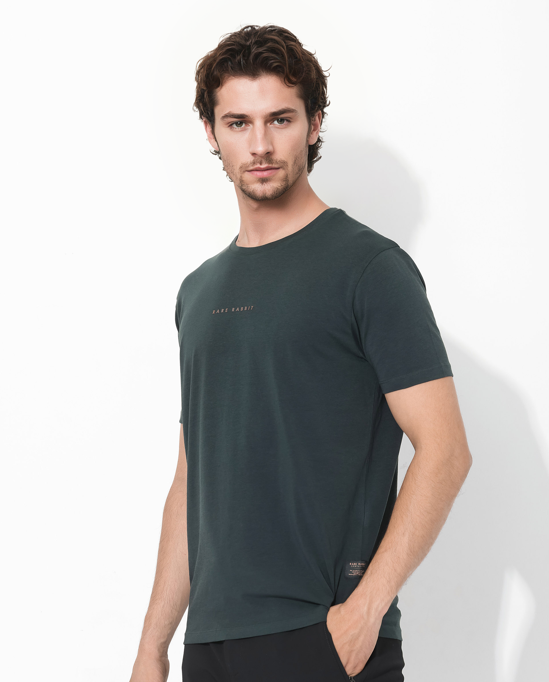 Rare Rabbit Men's Rabbit-Inf Dark Green Cotton Fabric Short Sleeves Crew Neck Regular Fit Plain T-Shirt