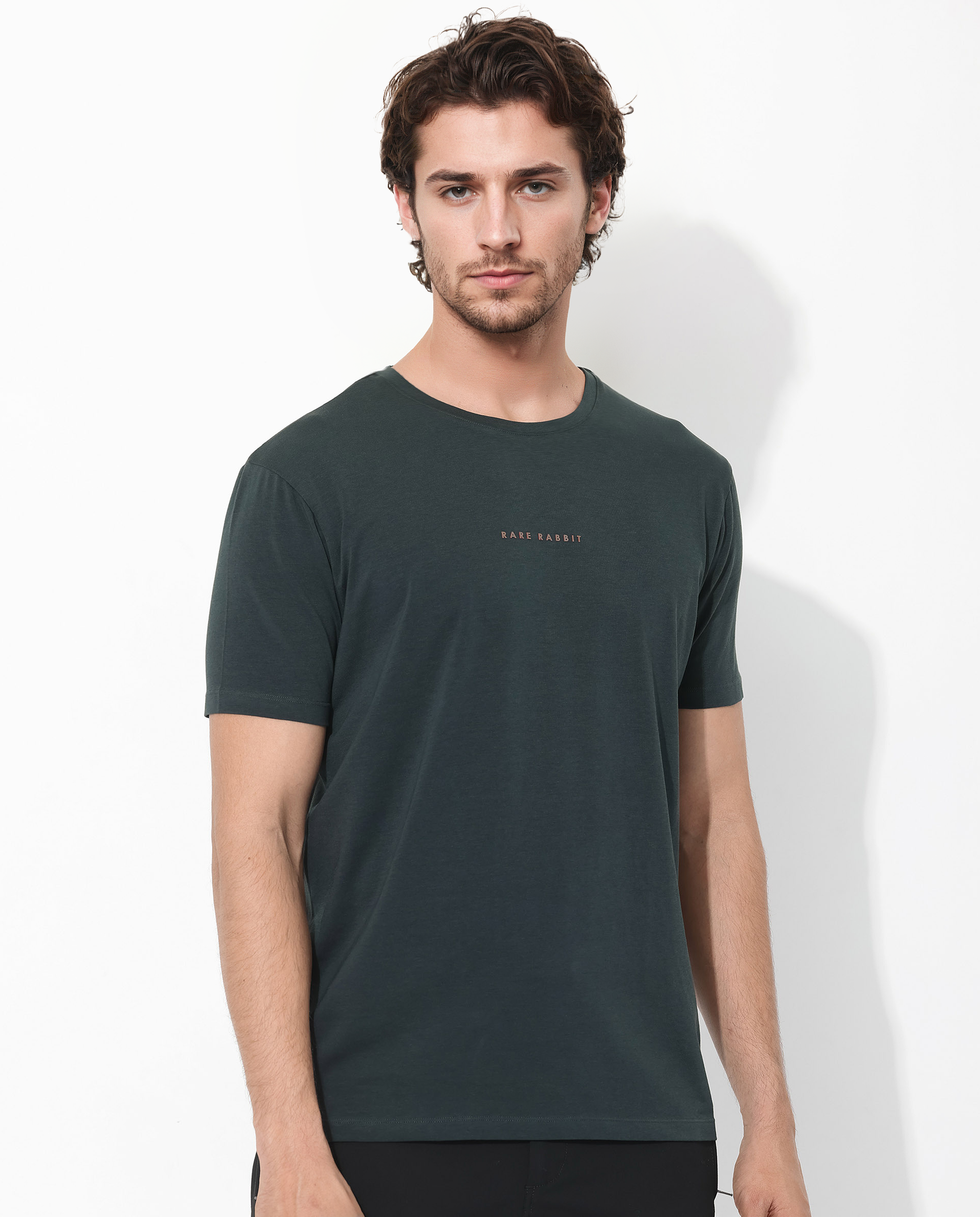 Rare Rabbit Men's Rabbit-Inf Dark Green Cotton Fabric Short Sleeves Crew Neck Regular Fit Plain T-Shirt