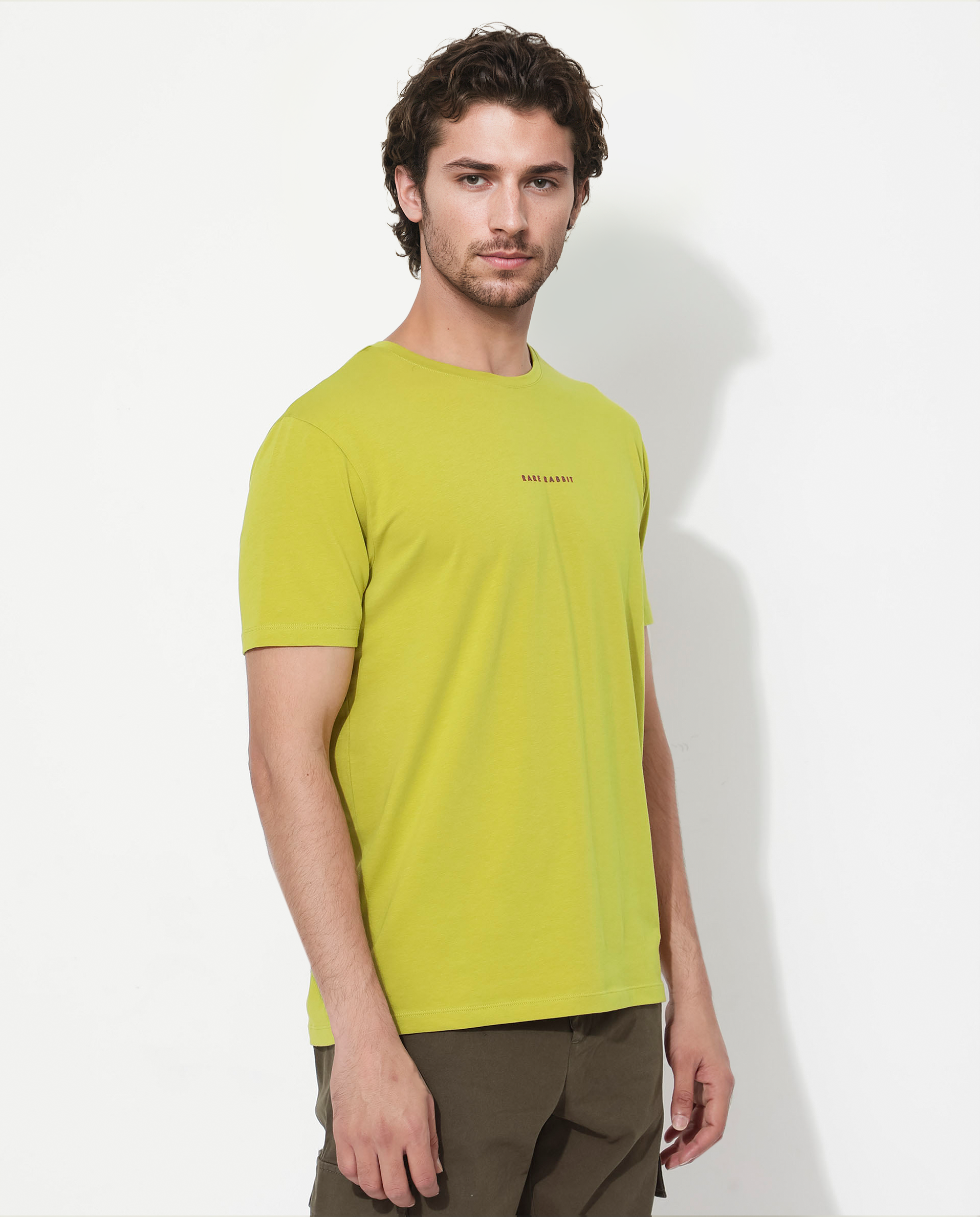 Rare Rabbit Men's Rabbit-Inf Flouroscent Green Cotton Fabric Short Sleeves Crew Neck Regular Fit Plain T-Shirt