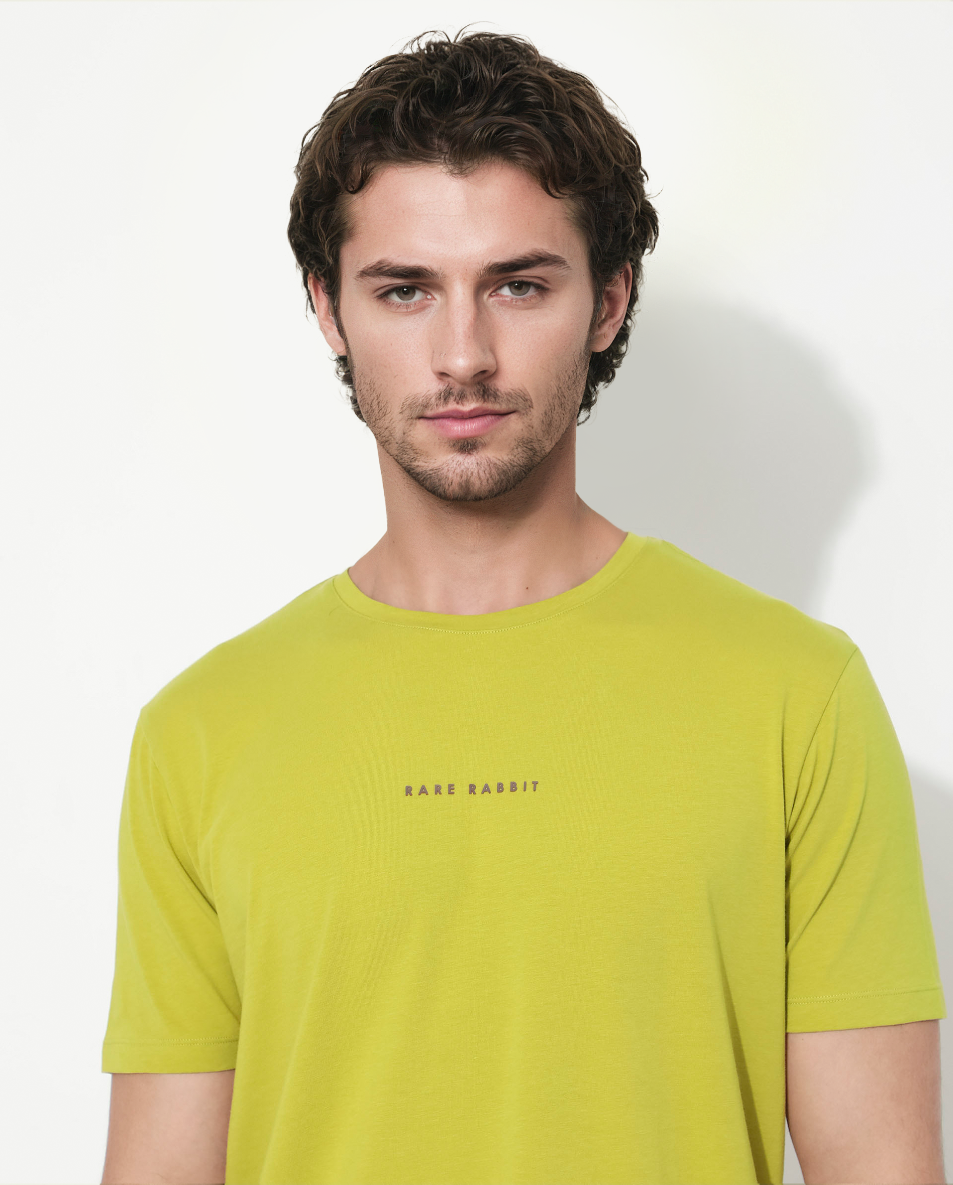 Rare Rabbit Men's Rabbit-Inf Flouroscent Green Cotton Fabric Short Sleeves Crew Neck Regular Fit Plain T-Shirt