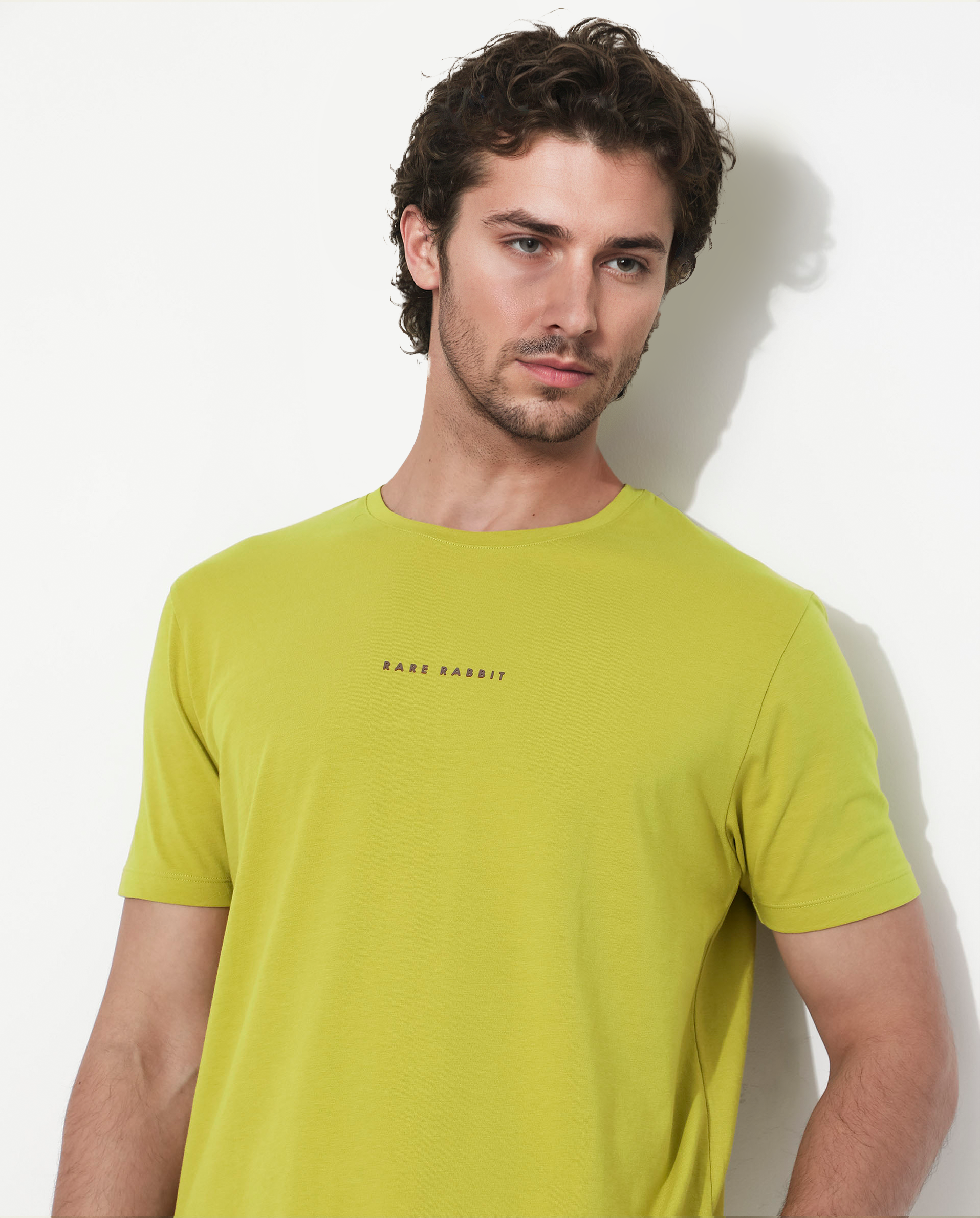 Rare Rabbit Men's Rabbit-Inf Flouroscent Green Cotton Fabric Short Sleeves Crew Neck Regular Fit Plain T-Shirt