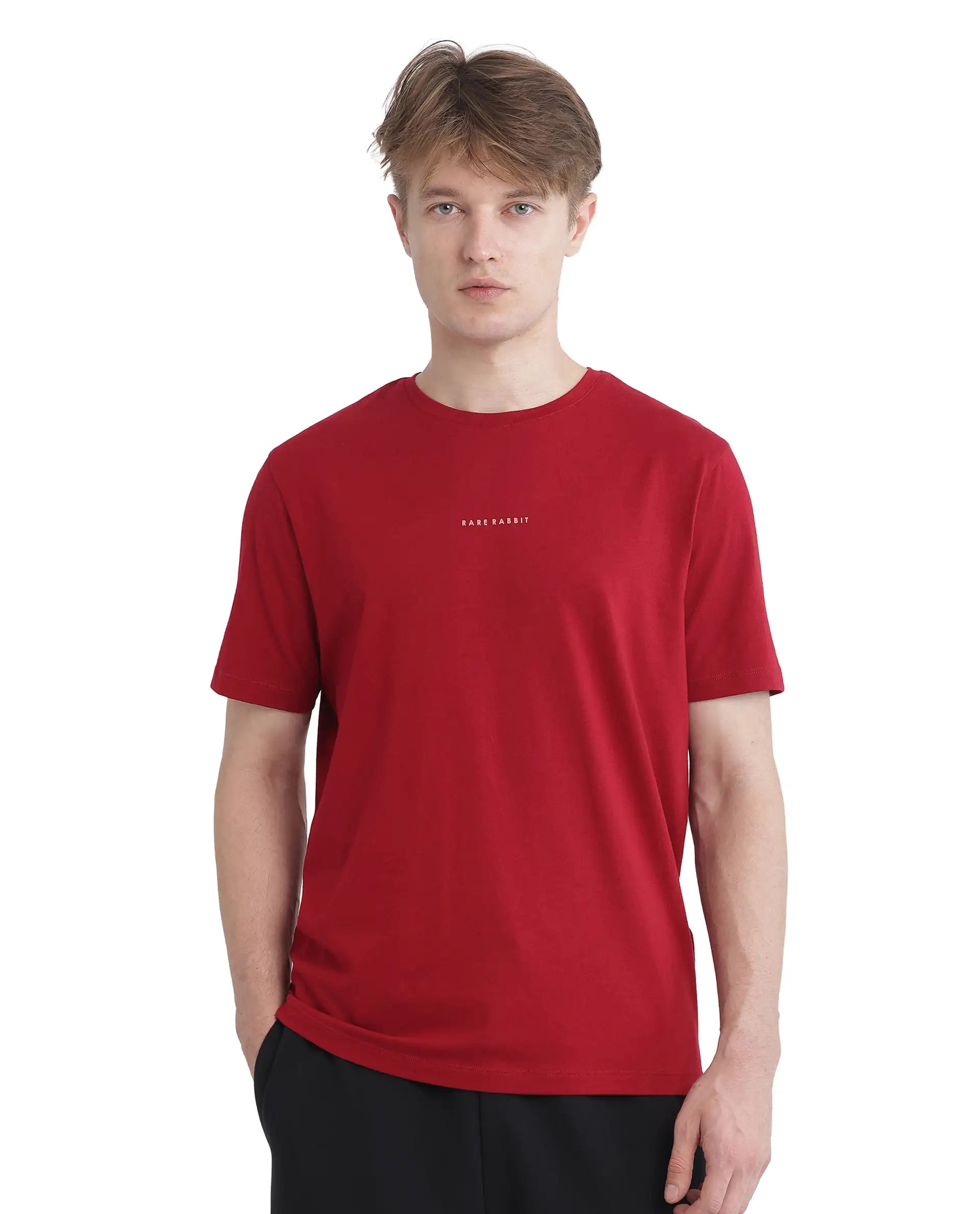 Rare Rabbit Men Rabbit-Inf Red Cotton Lycra Fabric Short Sleeve Crew Neck Regular Fit Printed T-Shirt