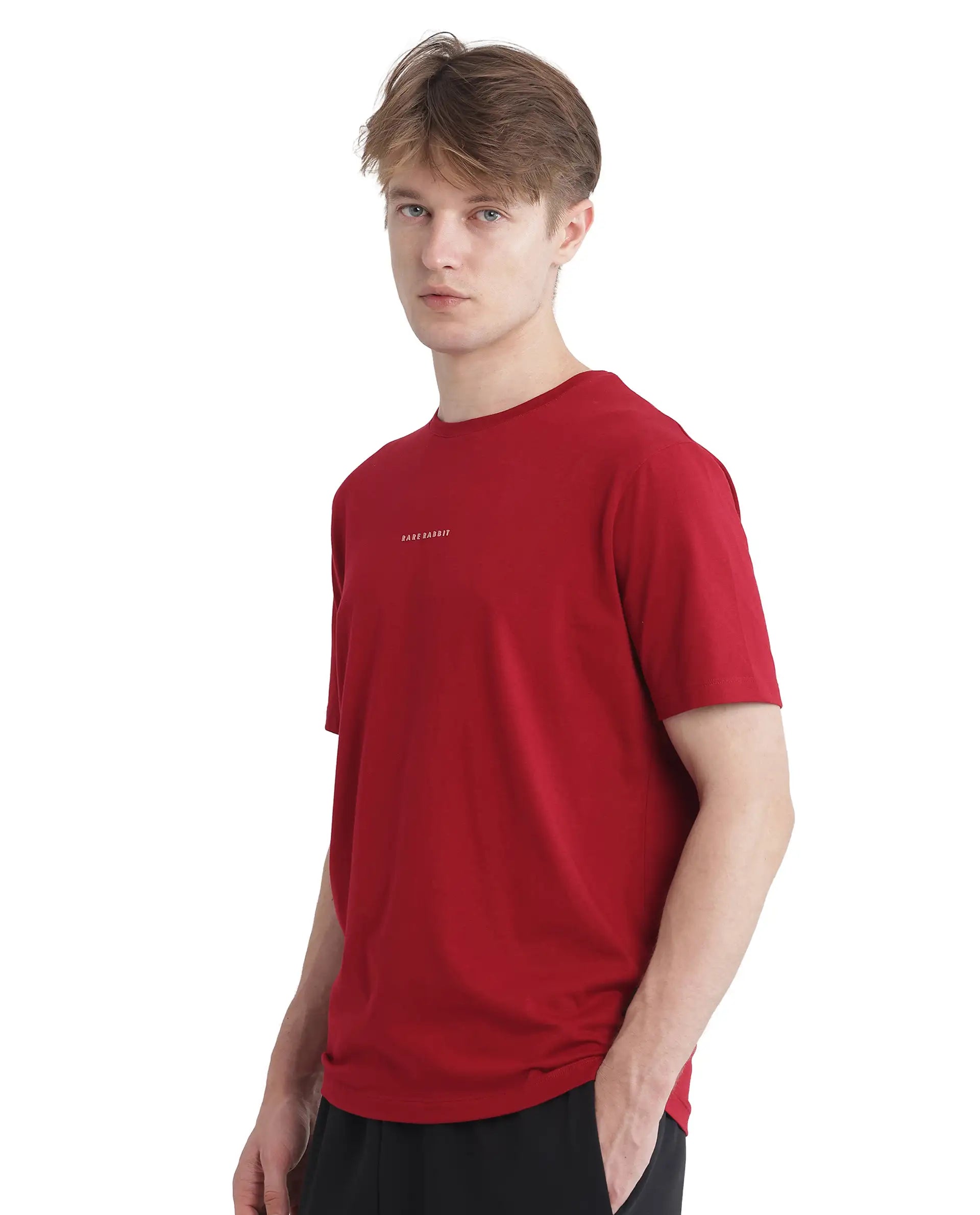 Rare Rabbit Men Rabbit-Inf Red Cotton Lycra Fabric Short Sleeve Crew Neck Regular Fit Printed T-Shirt