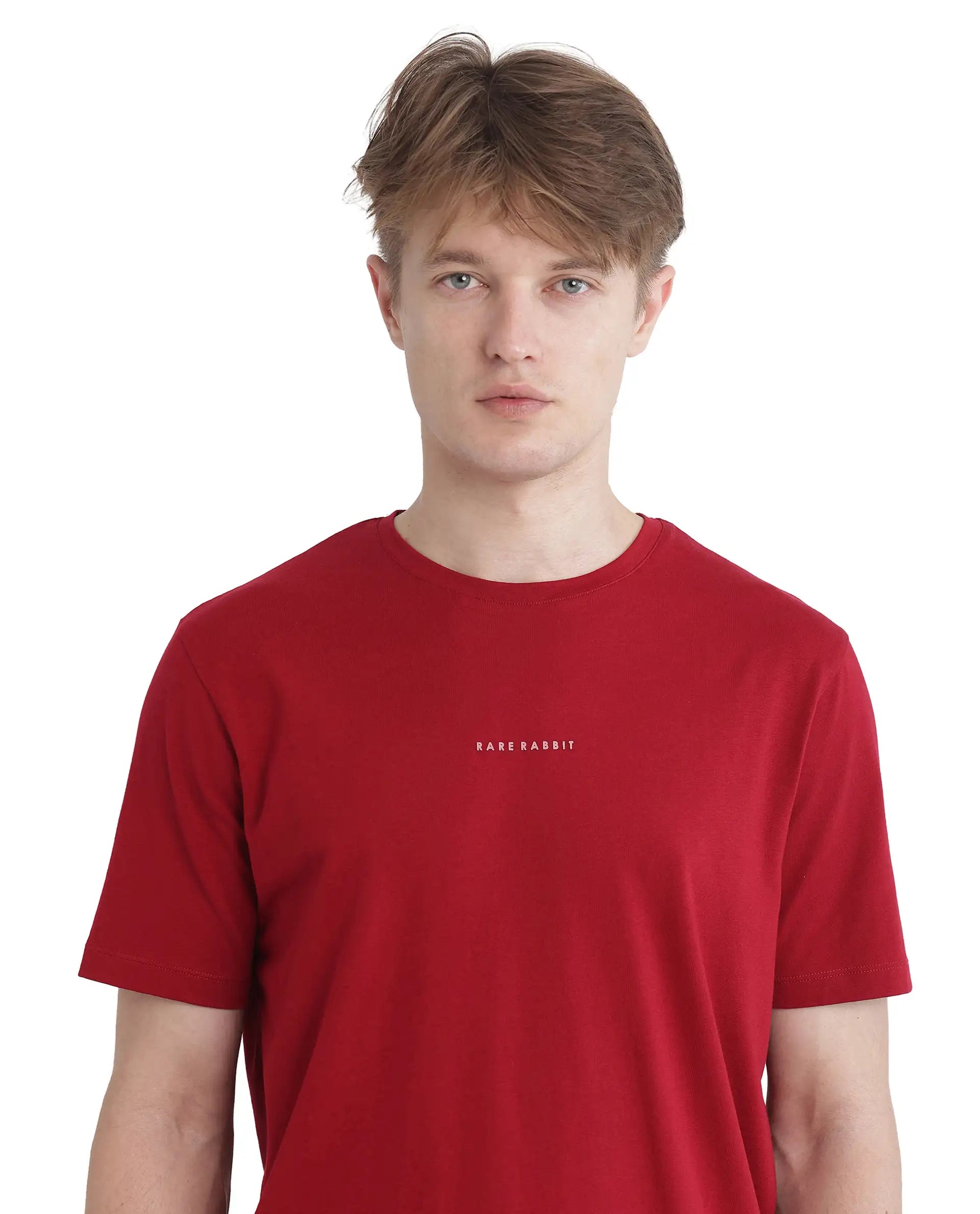 Rare Rabbit Men Rabbit-Inf Red Cotton Lycra Fabric Short Sleeve Crew Neck Regular Fit Printed T-Shirt