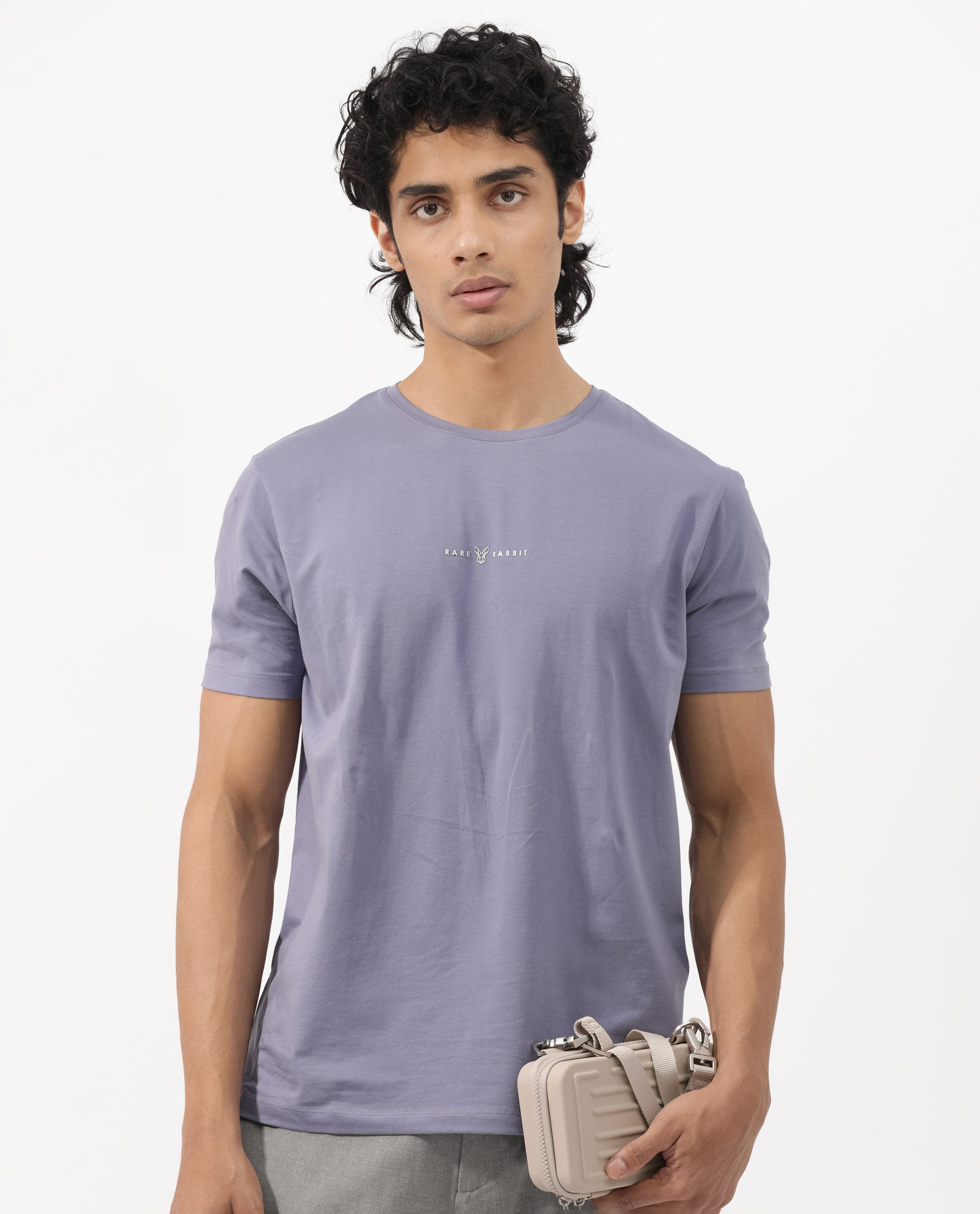 Rare Rabbit Mens Rabbit-Z Dusky Purple Cotton Blend Fabric Short Sleeve Plain T-Shirt