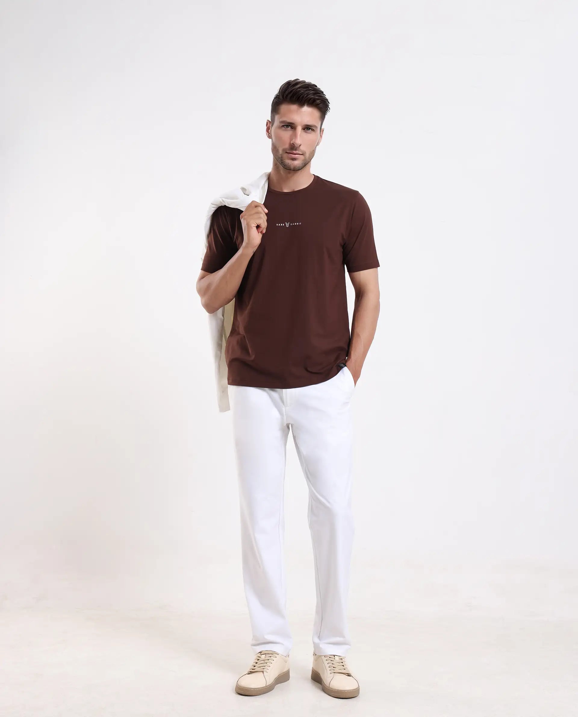 Rare Rabbit Men's Rabbit-25 Dark Brown Cotton Blend Graphic Print Regular Fit Half Sleeve Crew Neck T-Shirt