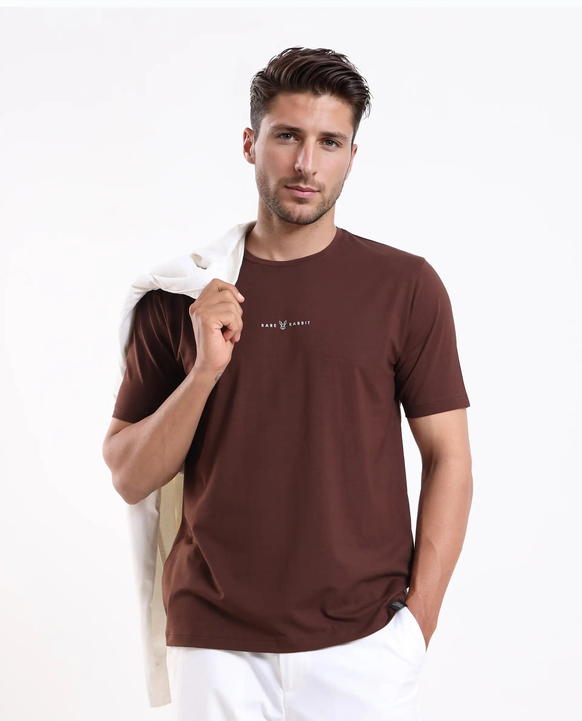 Rare Rabbit Men's Rabbit-25 Dark Brown Cotton Blend Graphic Print Regular Fit Half Sleeve Crew Neck T-Shirt