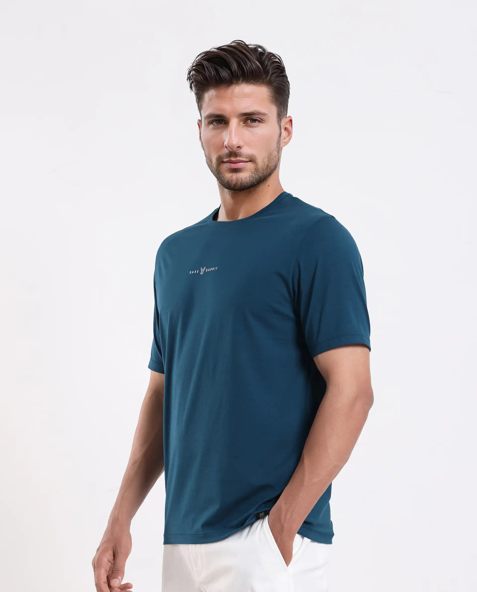 Rare Rabbit Men's Rabbit-25 Teal Cotton Blend Graphic Print Regular Fit Half Sleeve Crew Neck T-Shirt