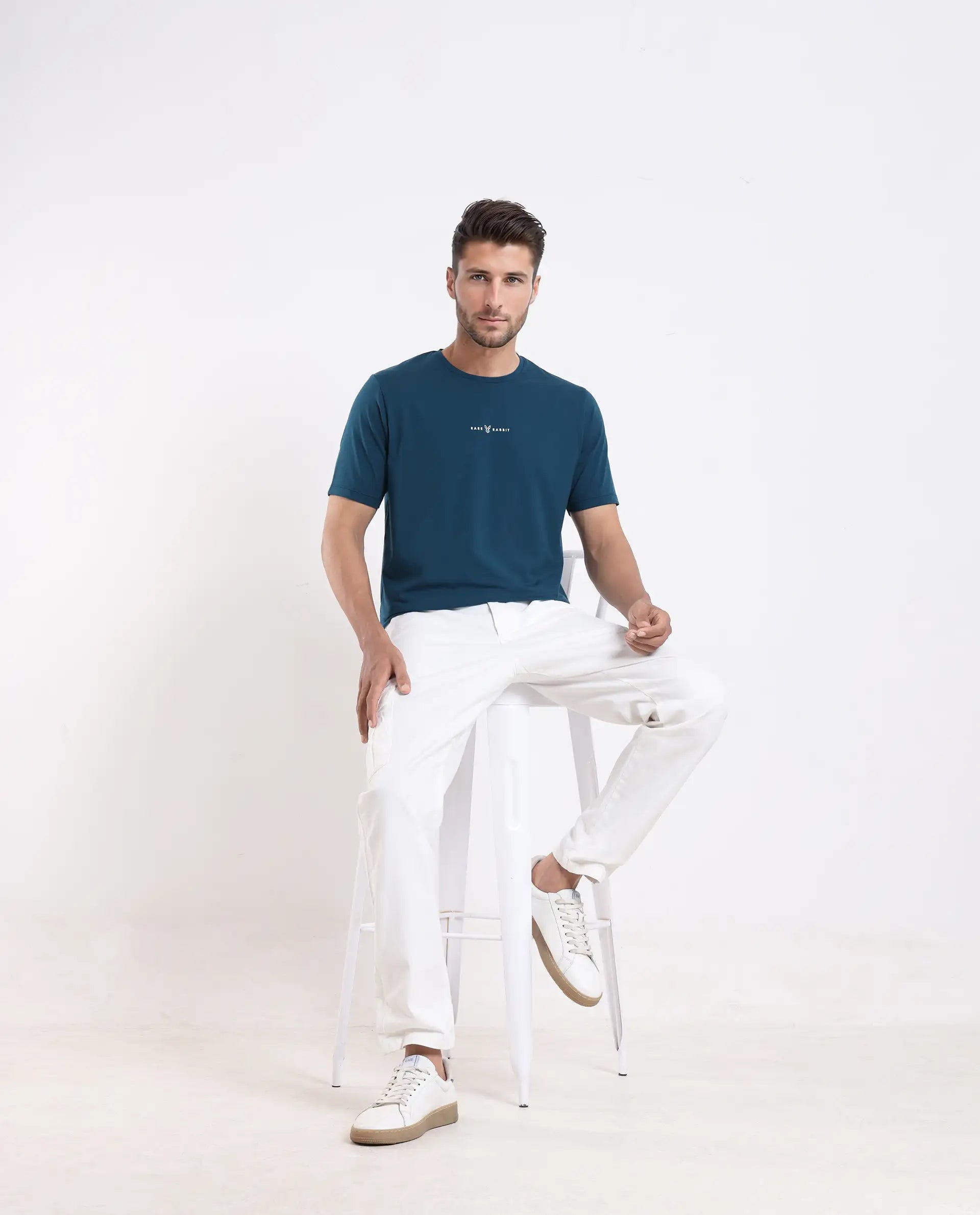 Rare Rabbit Men's Rabbit-25 Teal Cotton Blend Graphic Print Regular Fit Half Sleeve Crew Neck T-Shirt