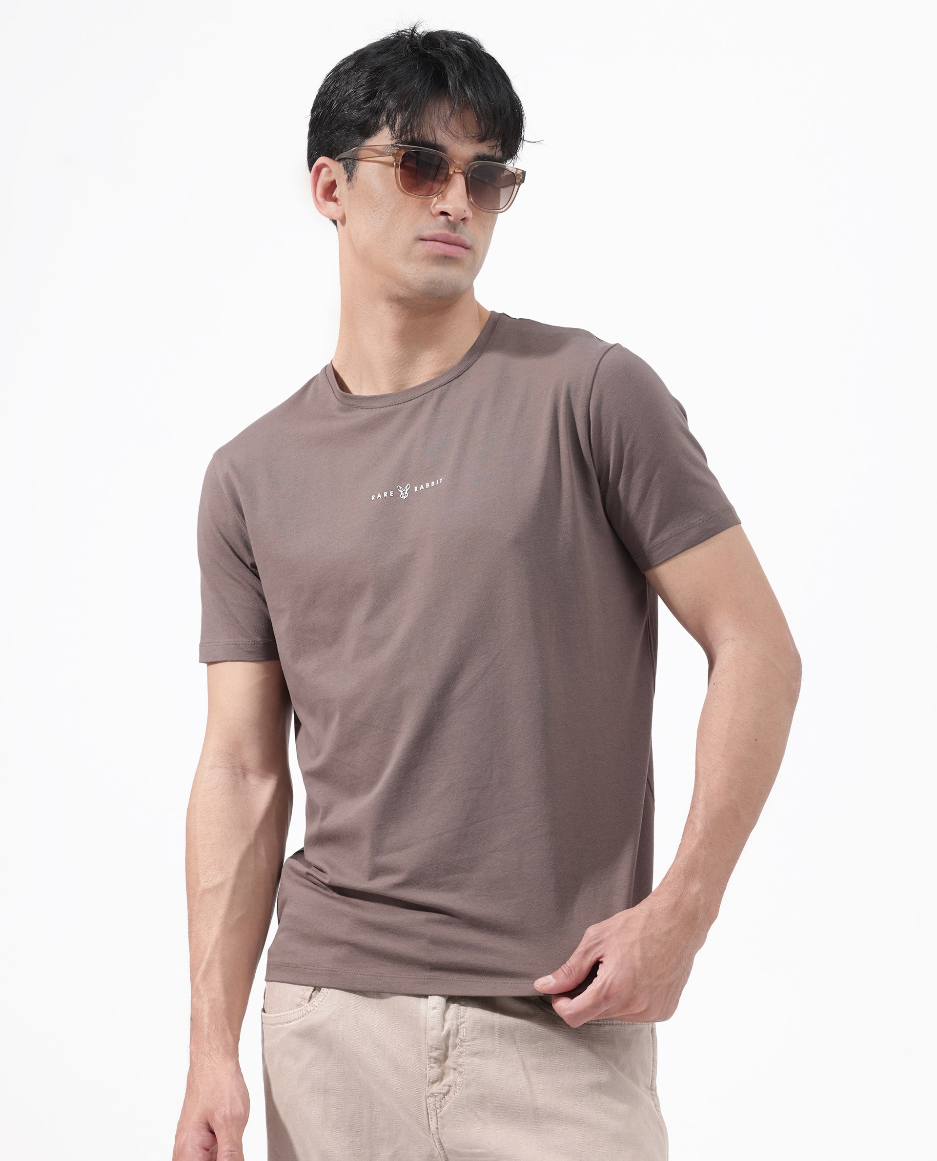 Rare Rabbit Mens Rabbit-Z Brown Short Sleeve Solid Graphic Print T-Shirt