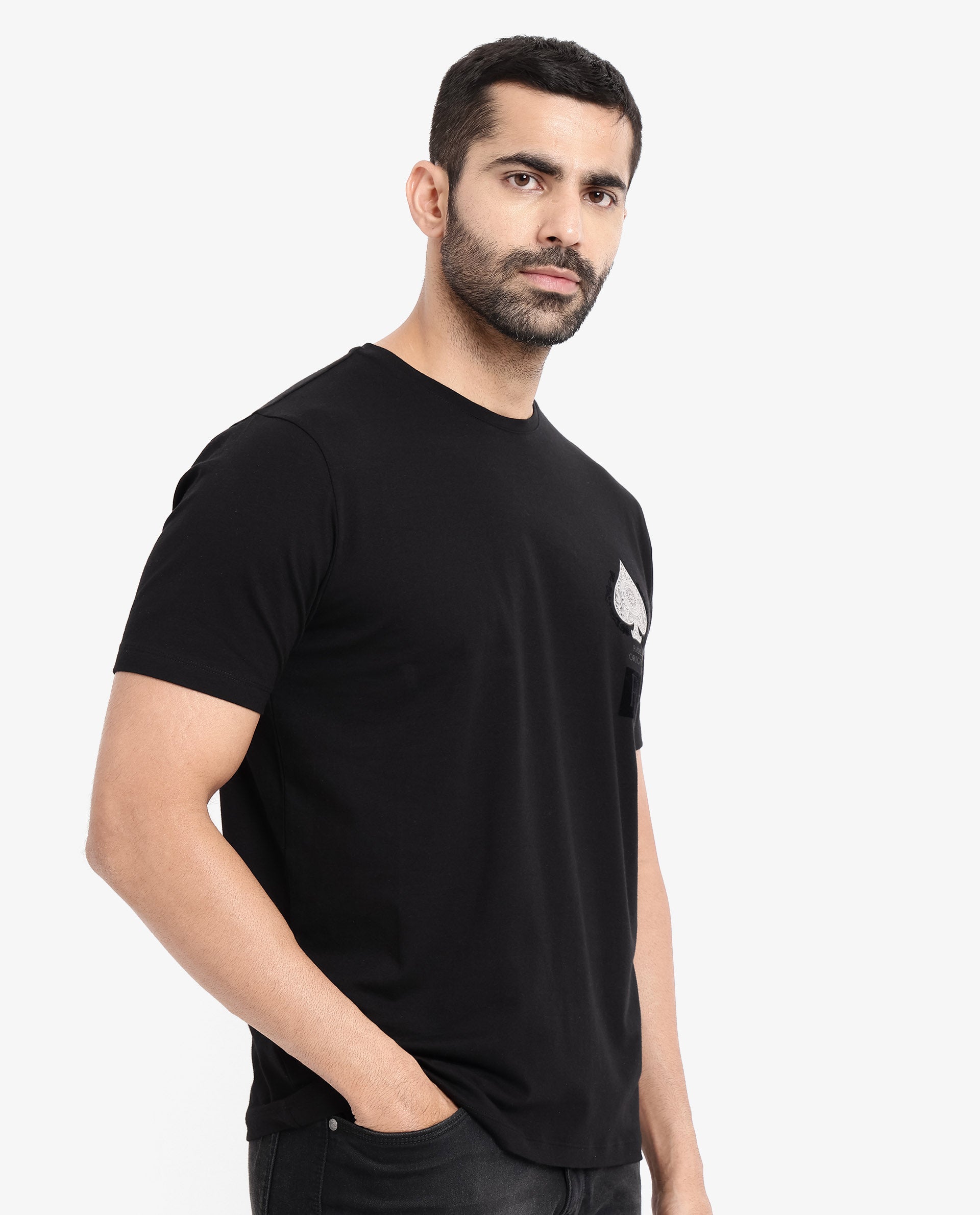 Rare Rabbit Men Rabo Black Cotton Lycra Fabric Short Sleeve Crew Neck Regular Fit Flock HD Graphic Print T-Shirt