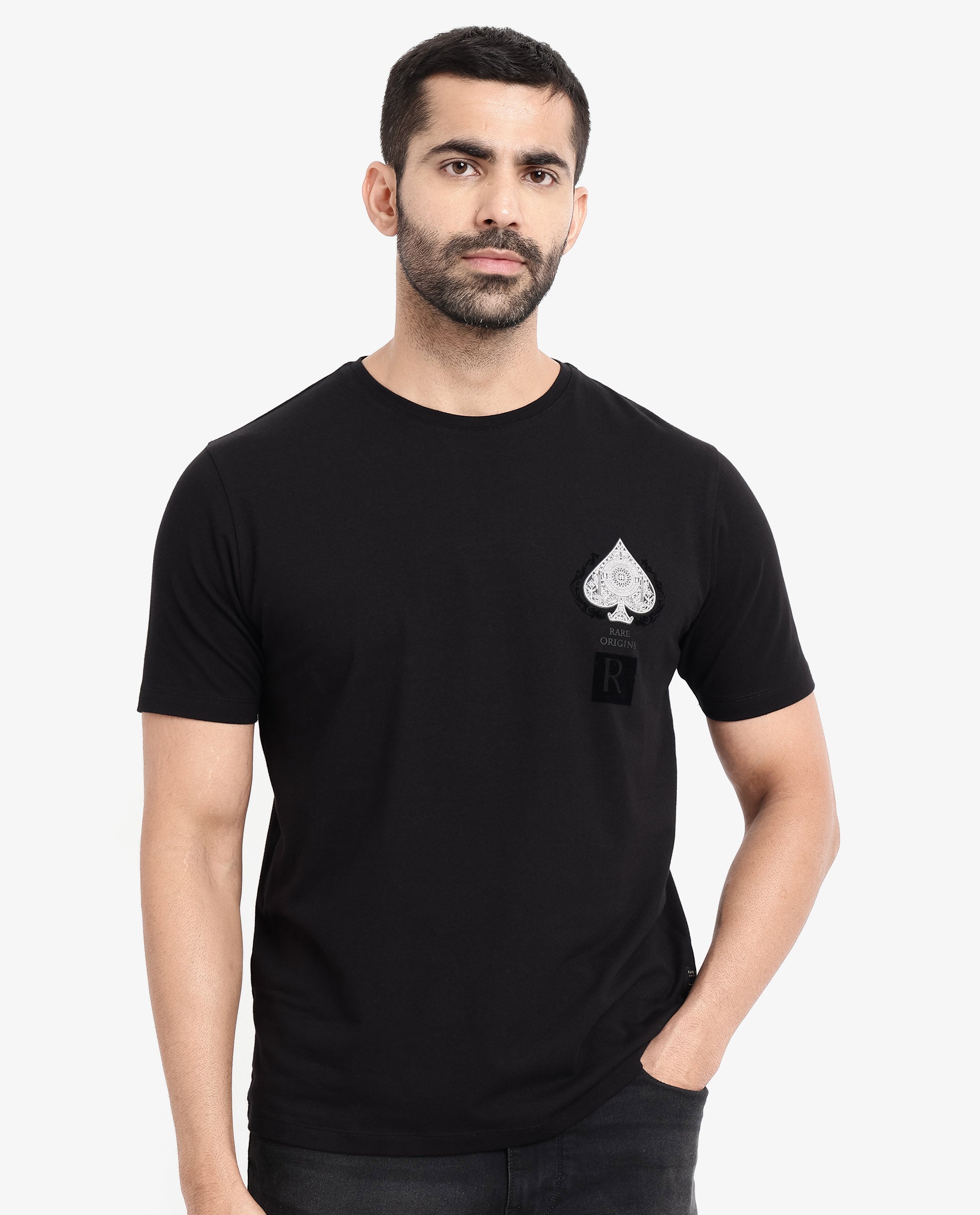 Rare Rabbit Men Rabo Black Cotton Lycra Fabric Short Sleeve Crew Neck Regular Fit Flock HD Graphic Print T-Shirt