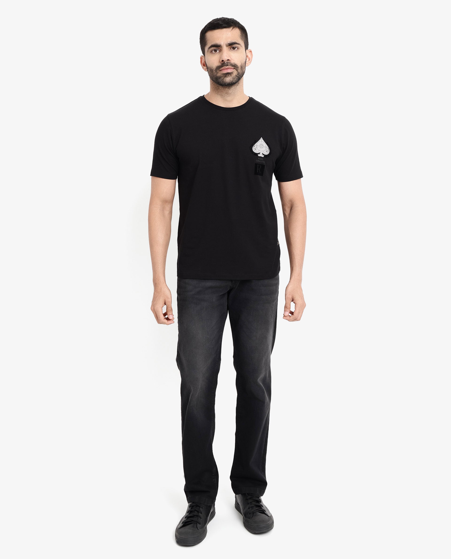 Rare Rabbit Men Rabo Black Cotton Lycra Fabric Short Sleeve Crew Neck Regular Fit Flock HD Graphic Print T-Shirt