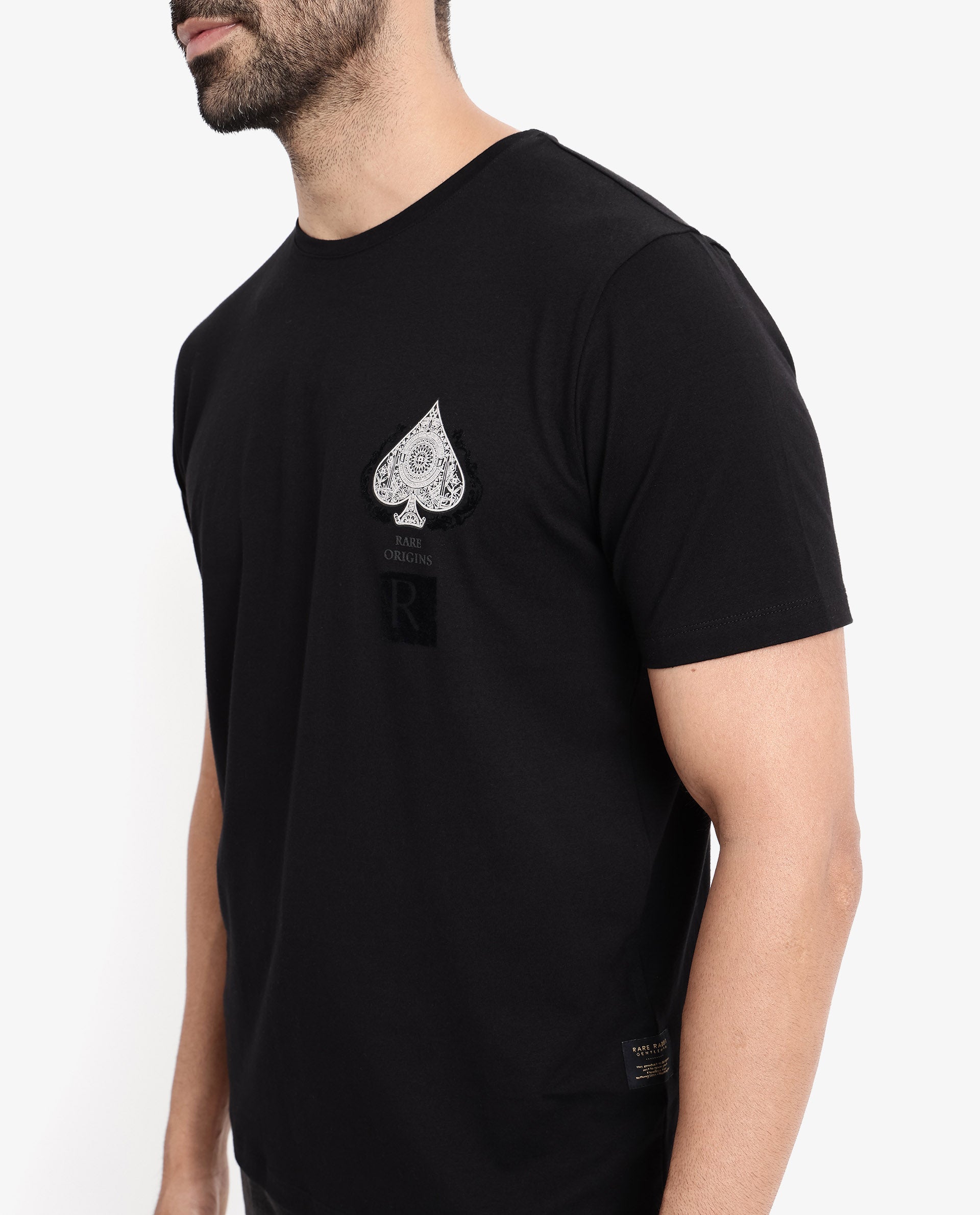 Rare Rabbit Men Rabo Black Cotton Lycra Fabric Short Sleeve Crew Neck Regular Fit Flock HD Graphic Print T-Shirt