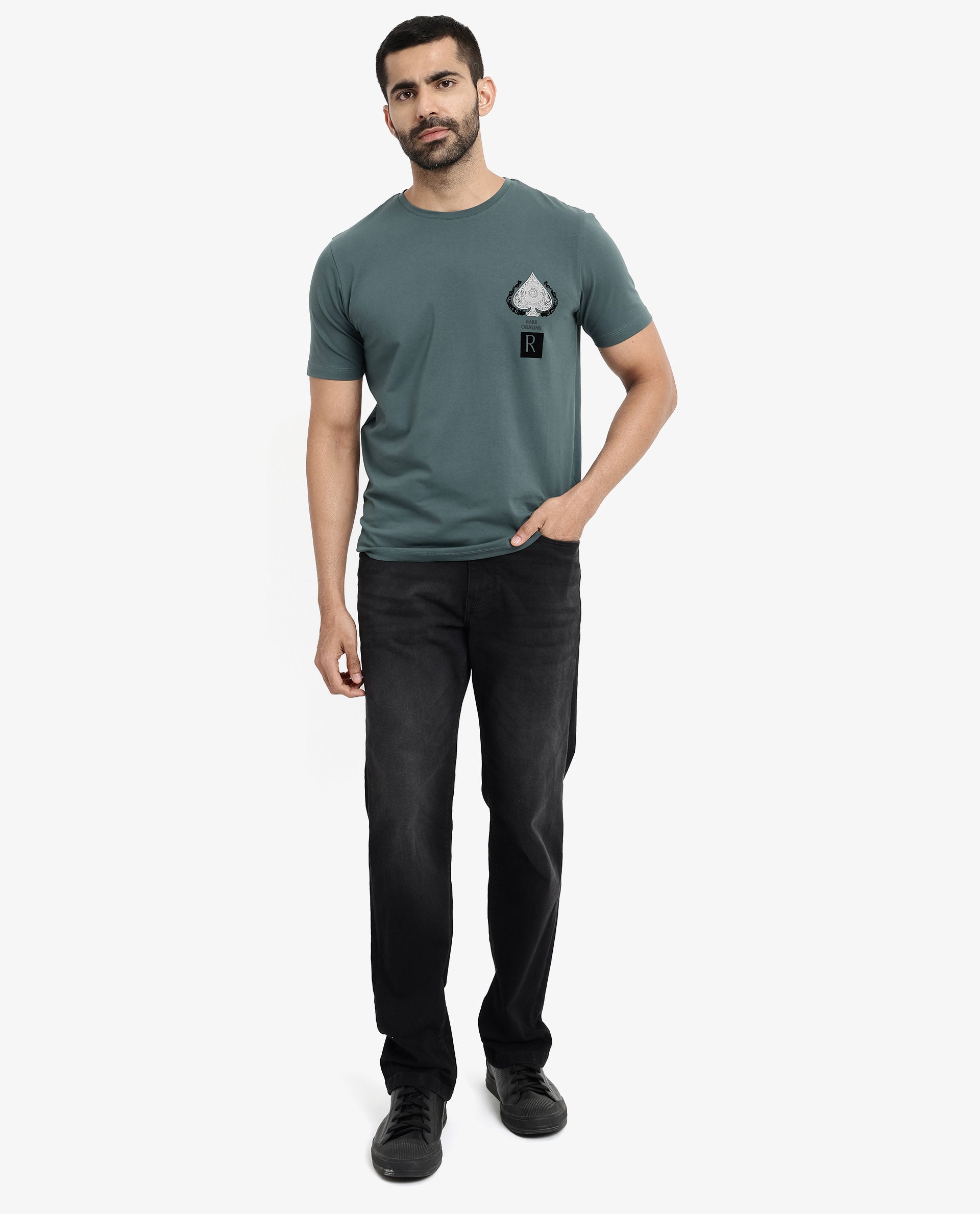 Rare Rabbit Men Rabo Teal Cotton Lycra Fabric Short Sleeve Crew Neck Regular Fit Flock HD Graphic Print T-Shirt