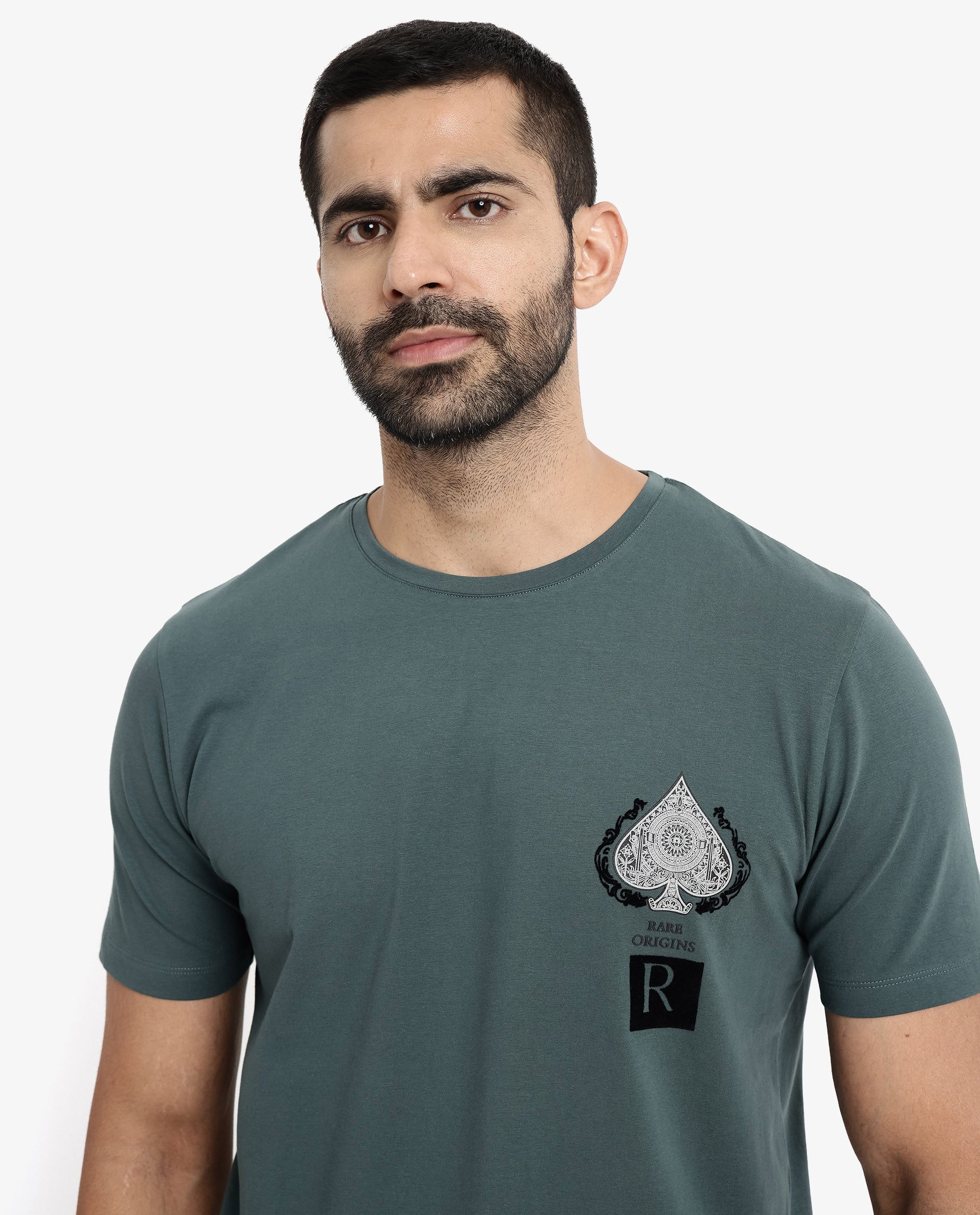 Rare Rabbit Men Rabo Teal Cotton Lycra Fabric Short Sleeve Crew Neck Regular Fit Flock HD Graphic Print T-Shirt