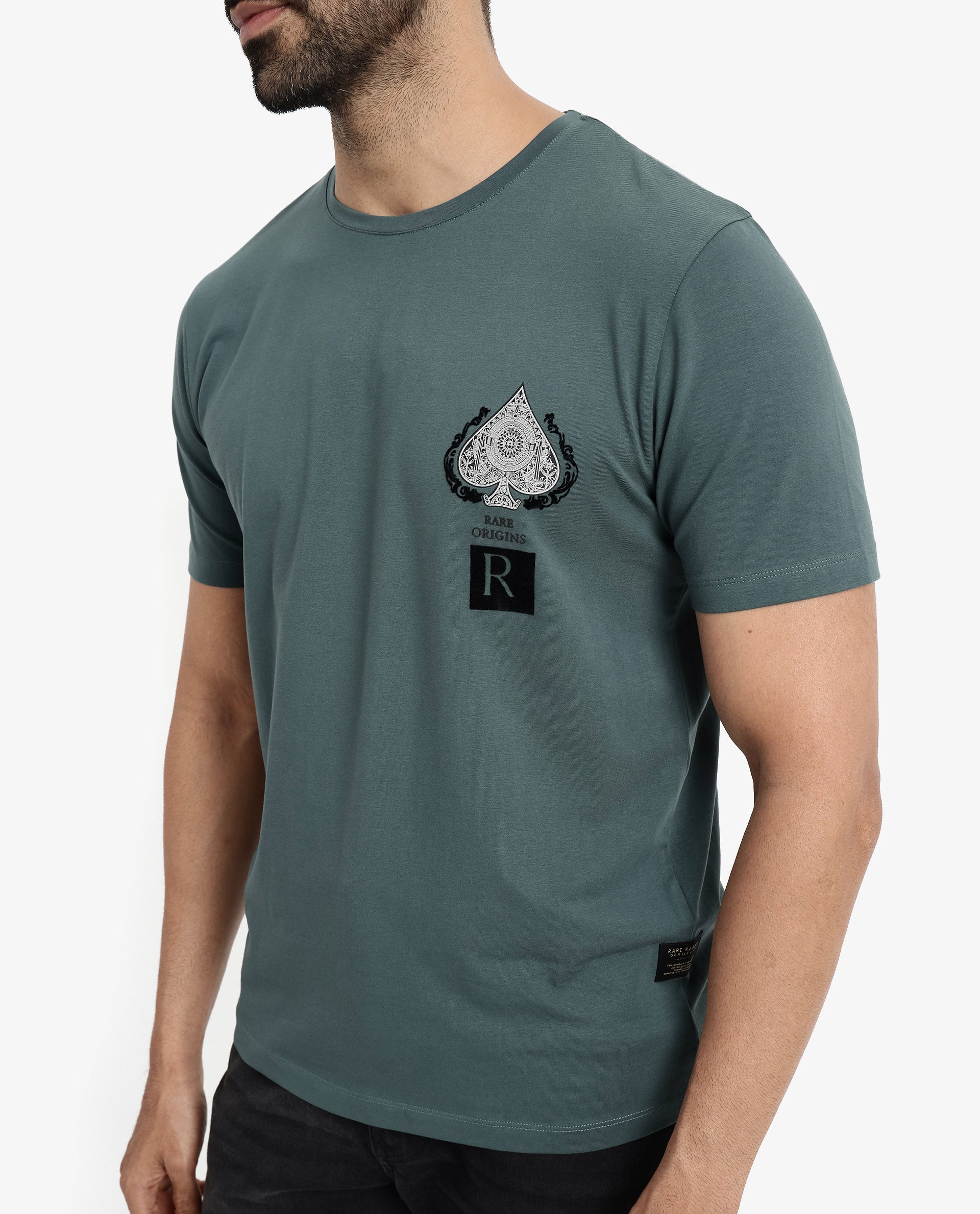 Rare Rabbit Men Rabo Teal Cotton Lycra Fabric Short Sleeve Crew Neck Regular Fit Flock HD Graphic Print T-Shirt