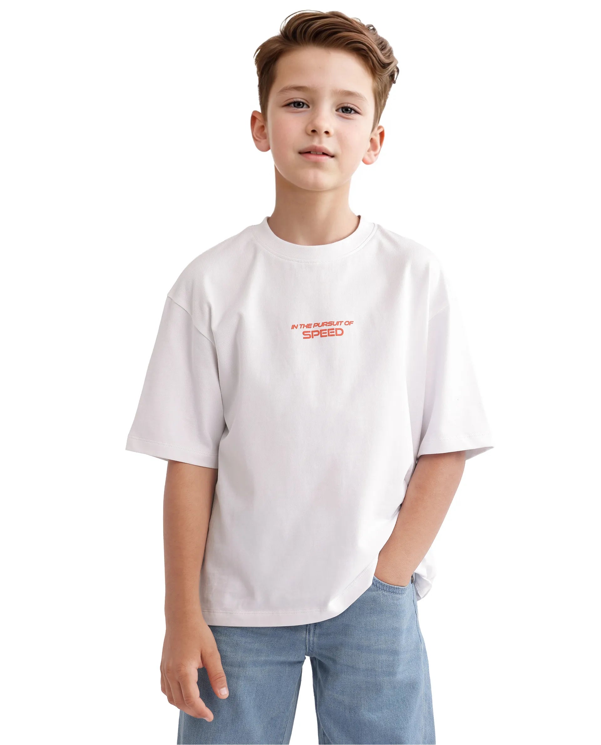 Rare Ones Kids Race Off White Cotton Half Sleeve Slip-On Printed Boxy Fit T-Shirt