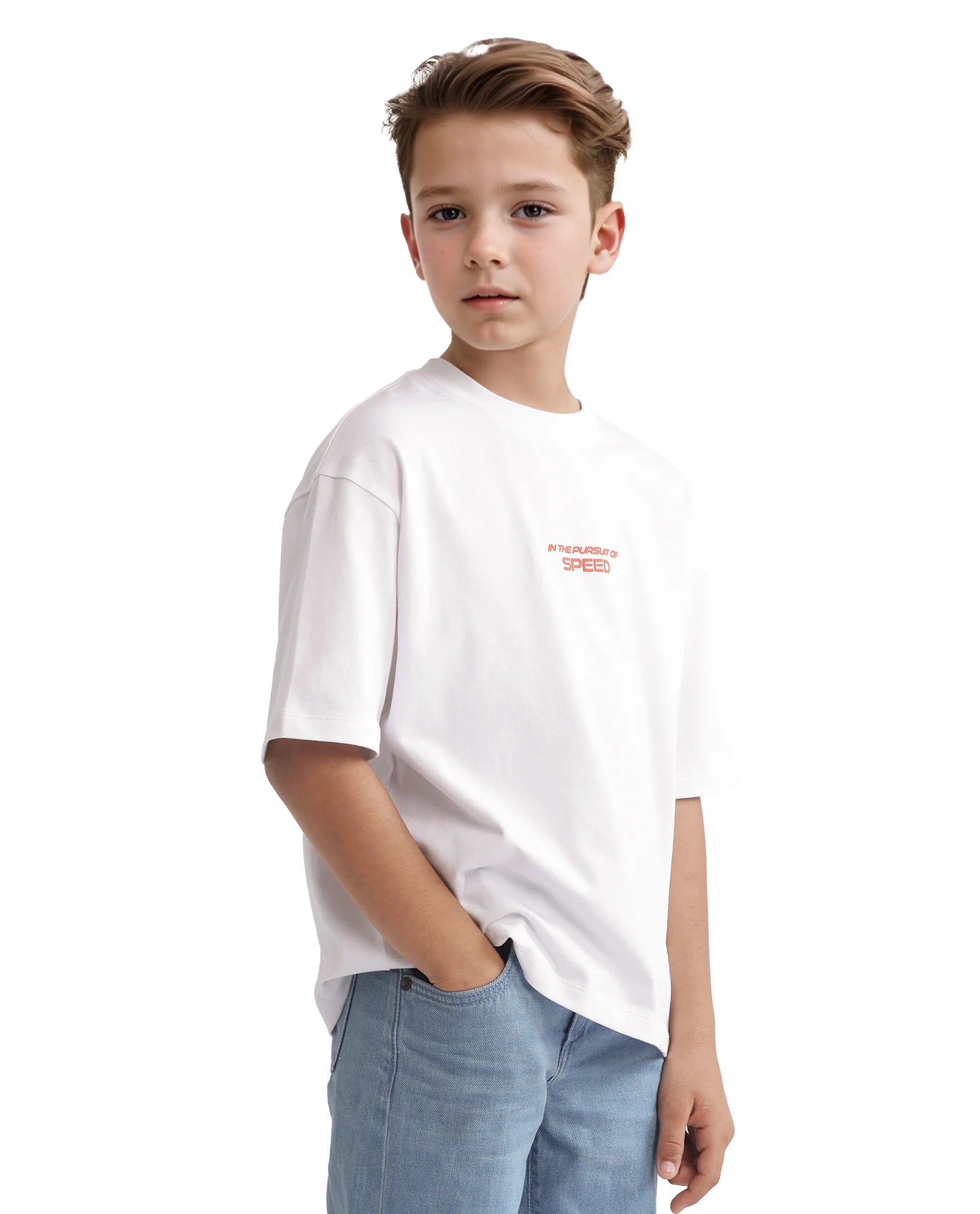 Rare Ones Kids Race Off White Cotton Half Sleeve Slip-On Printed Boxy Fit T-Shirt