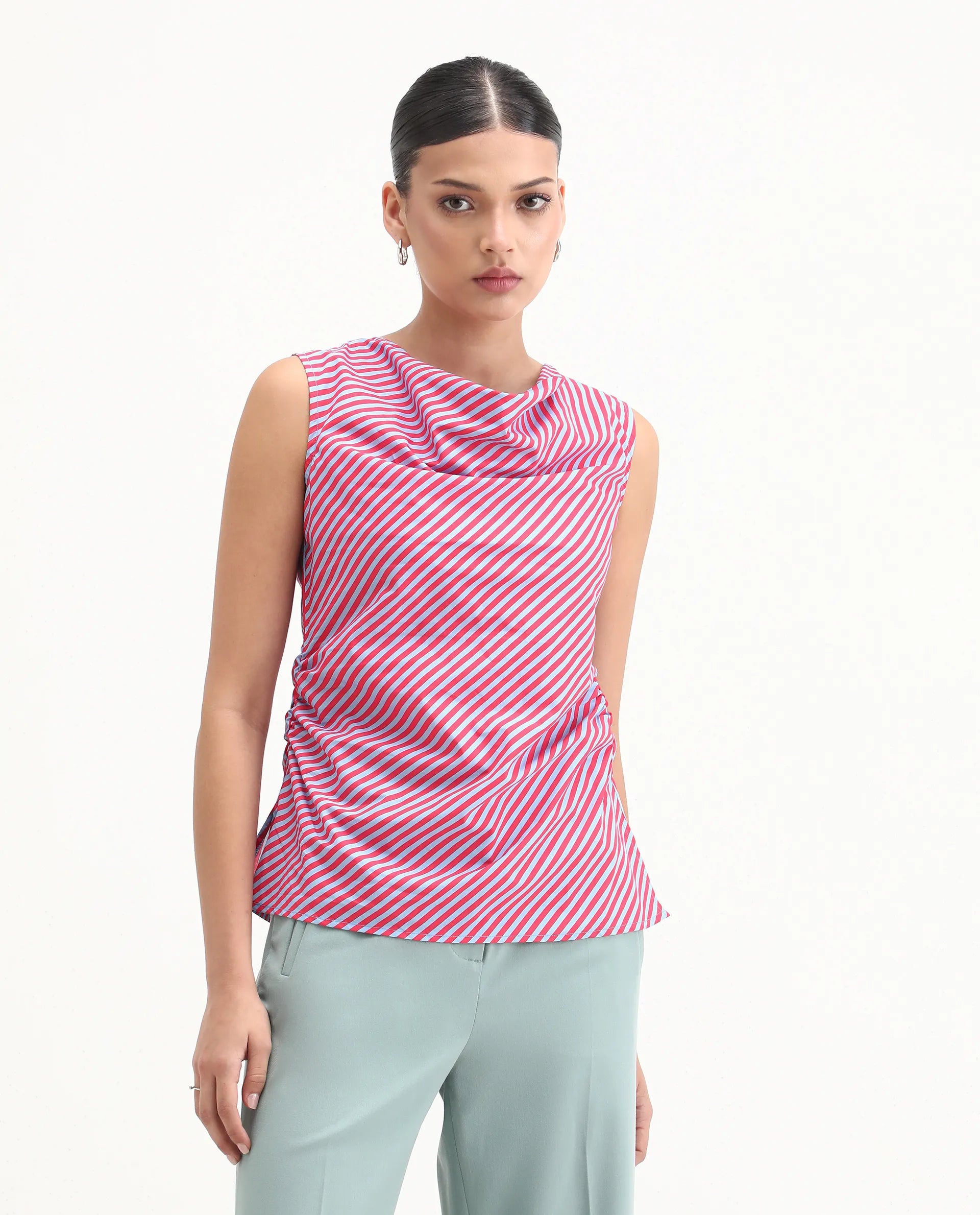 Rareism Women's Radar Light Blue Cotton Cowl Neck Striped Sleeveless Regular Fit Top