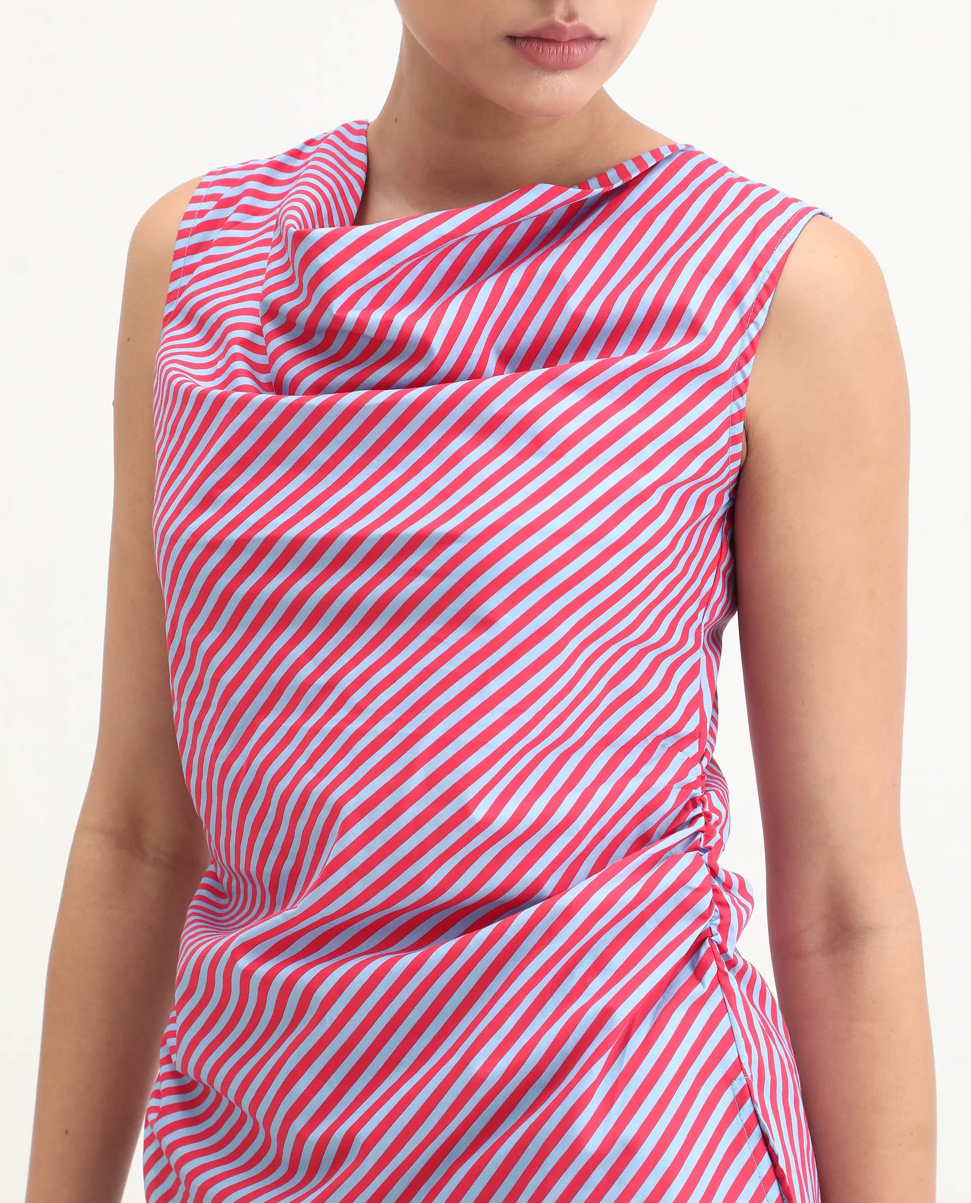 Rareism Women's Radar Light Blue Cotton Cowl Neck Striped Sleeveless Regular Fit Top