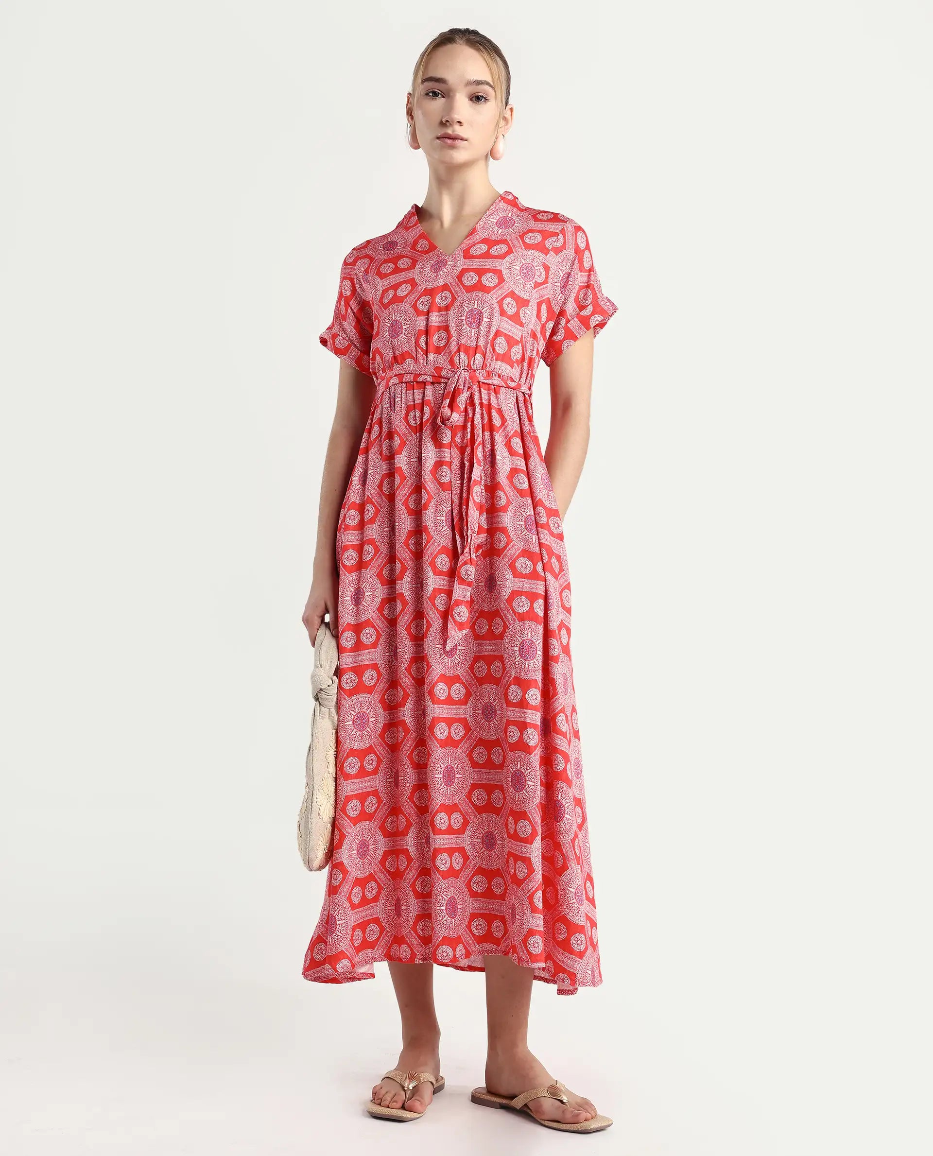 Rareism Women's Rada Red Cotton V-Neck Geometric Print Flutter Sleeve Midi A-Line Dress