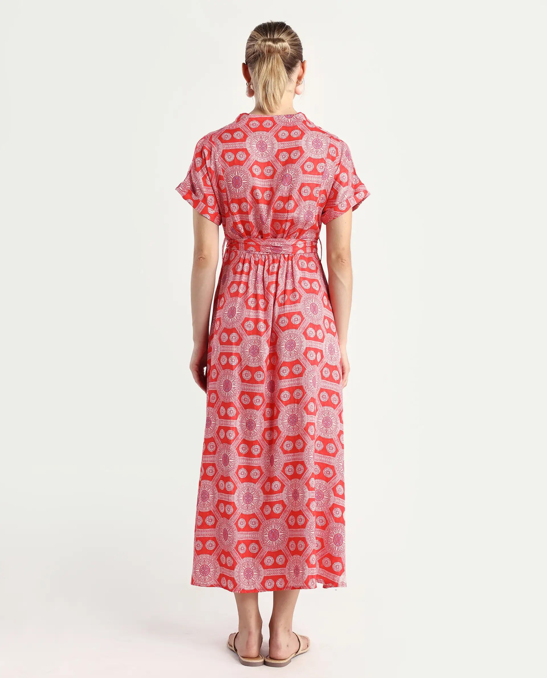 Rareism Women's Rada Red Cotton V-Neck Geometric Print Flutter Sleeve Midi A-Line Dress