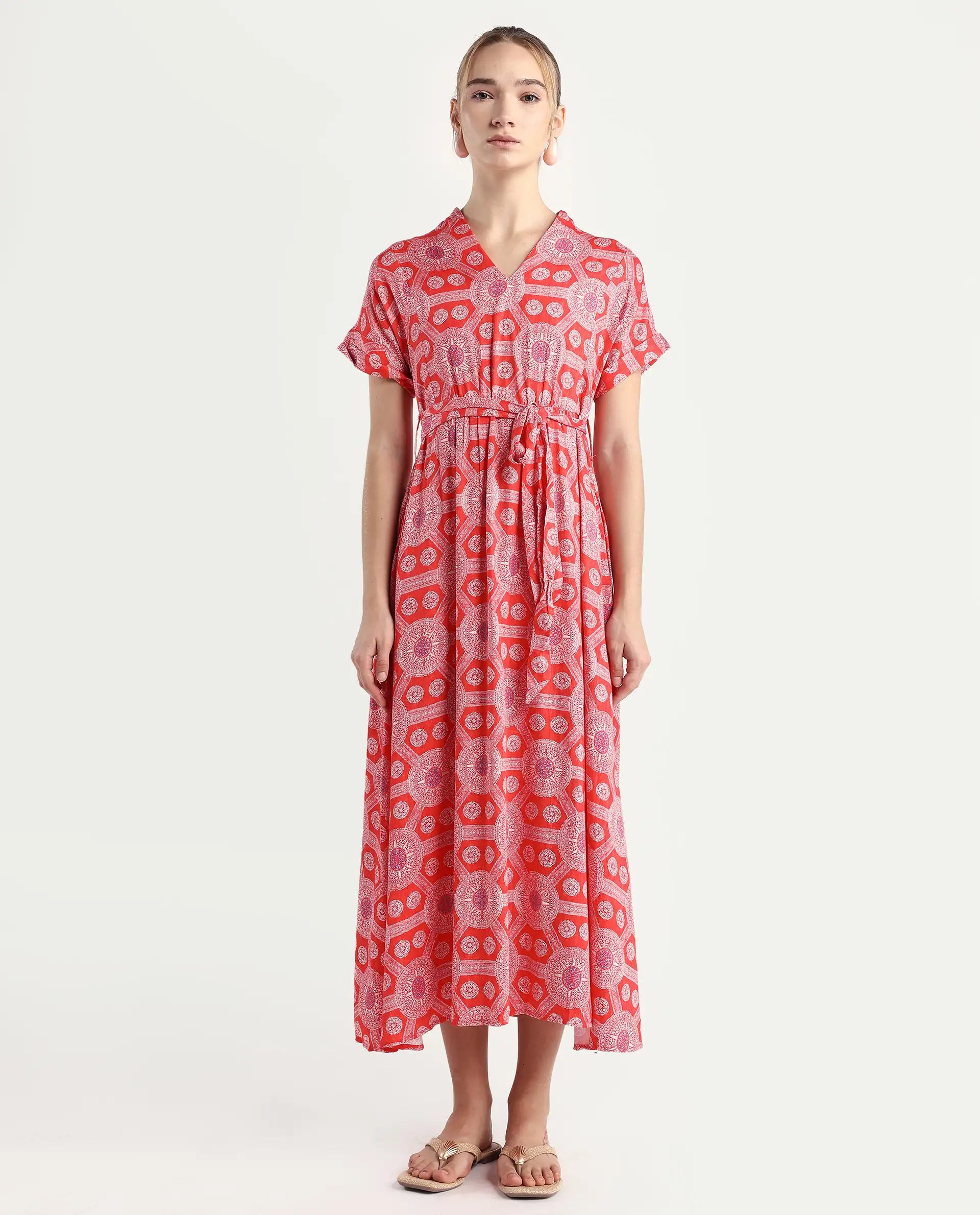 Rareism Women's Rada Red Cotton V-Neck Geometric Print Flutter Sleeve Midi A-Line Dress