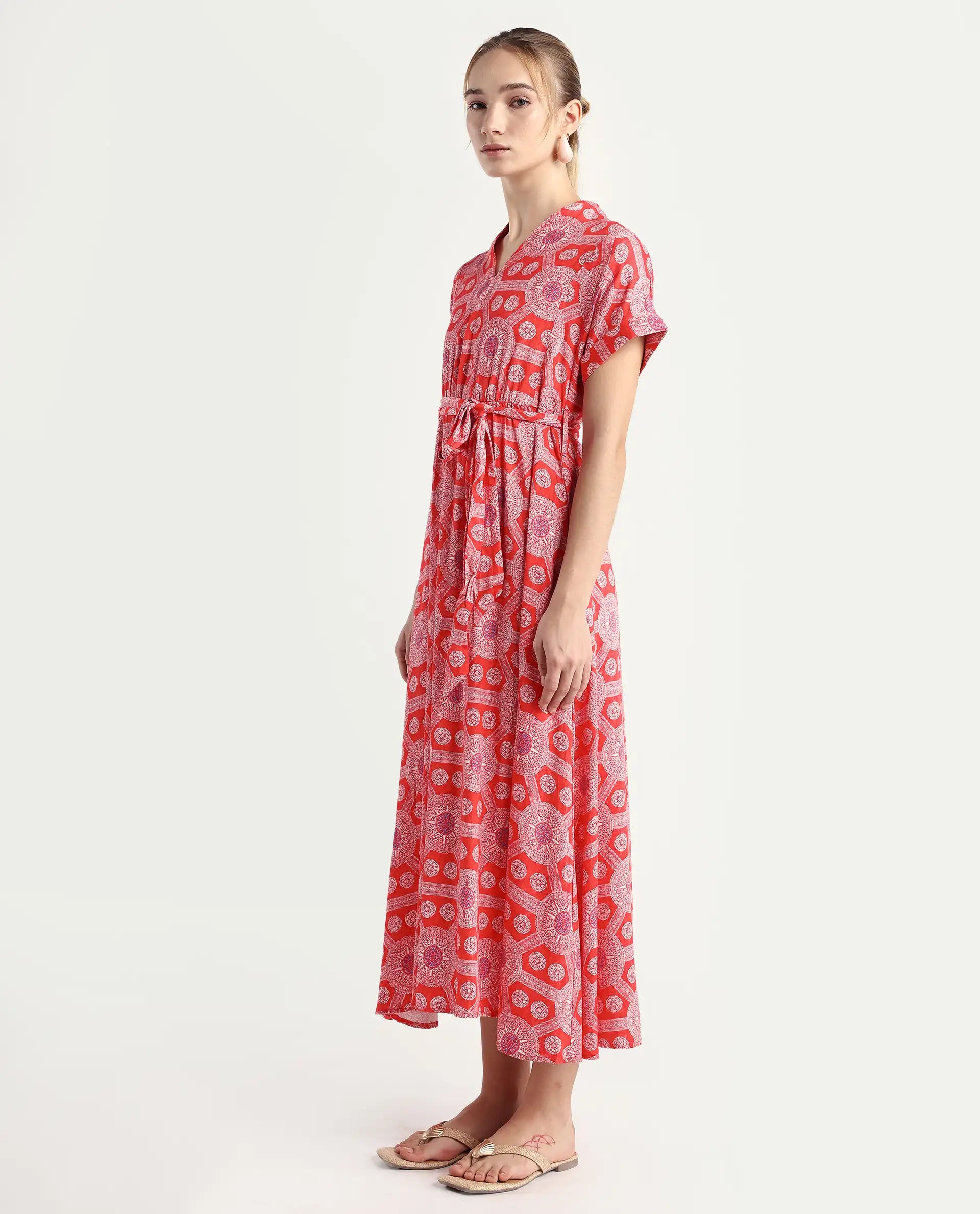 Rareism Women's Rada Red Cotton V-Neck Geometric Print Flutter Sleeve Midi A-Line Dress