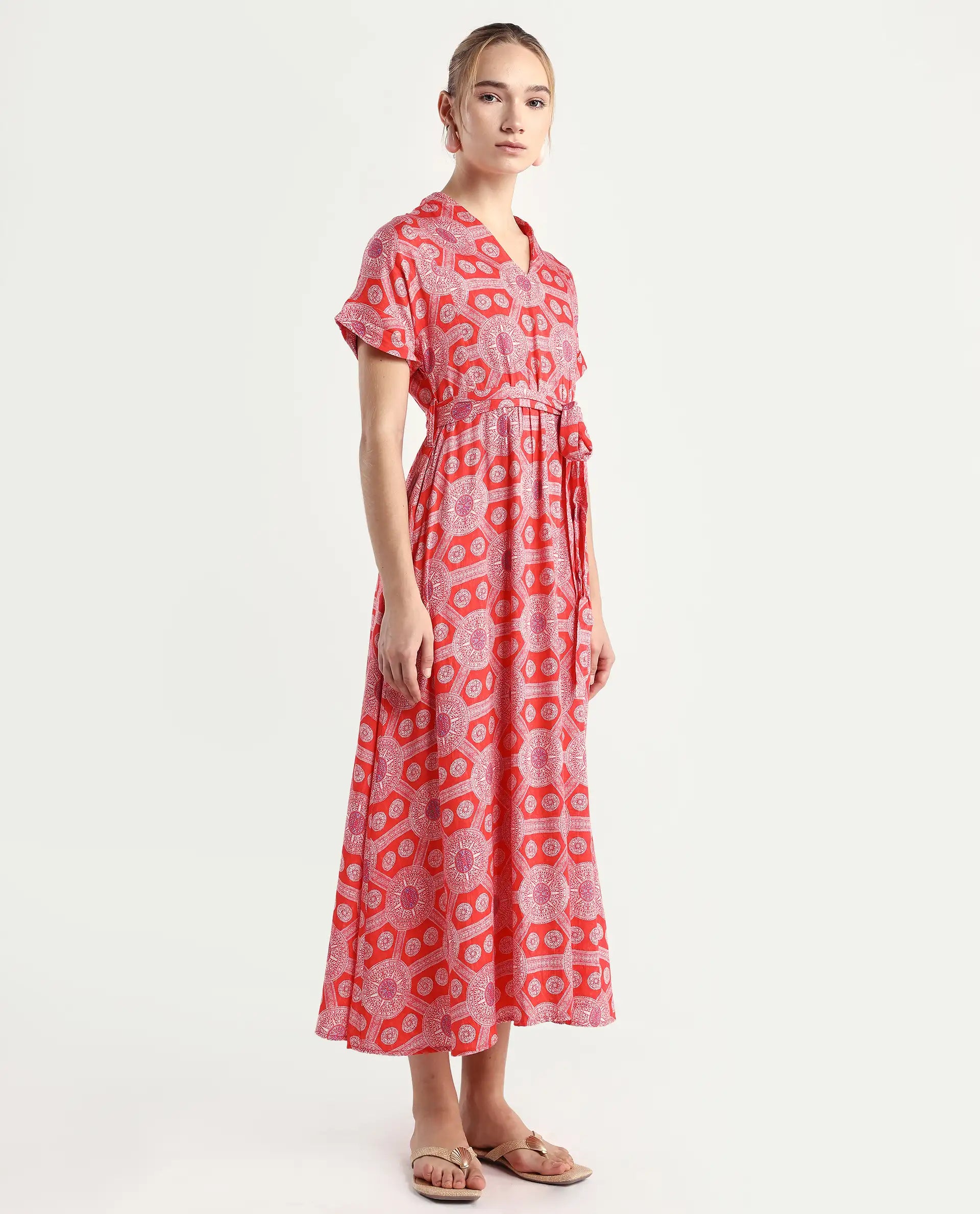 Rareism Women's Rada Red Cotton V-Neck Geometric Print Flutter Sleeve Midi A-Line Dress