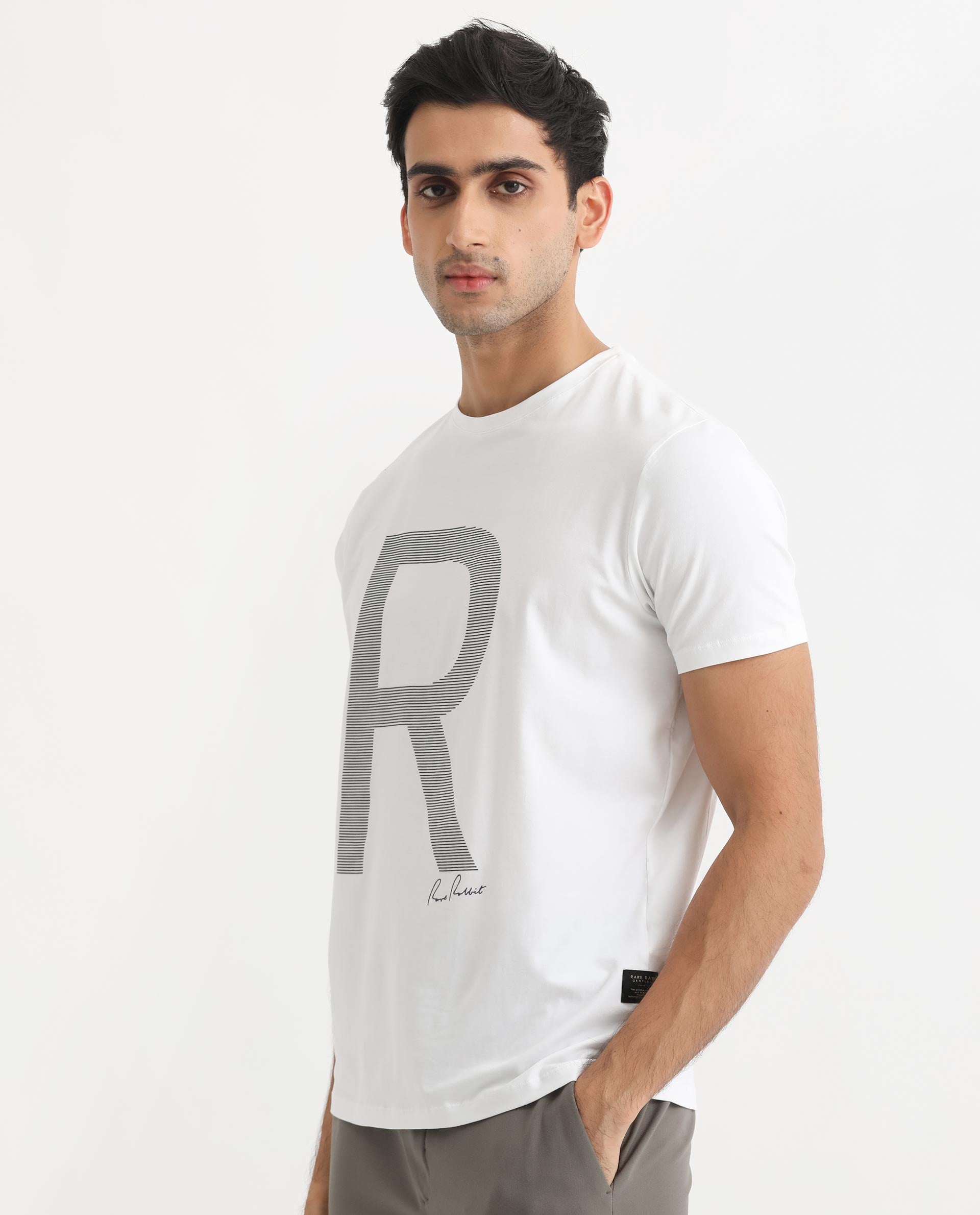 Rare Rabbit Men's Radd White Crew Neck Logo Printed Half Sleeves Slim Fit T-Shirt