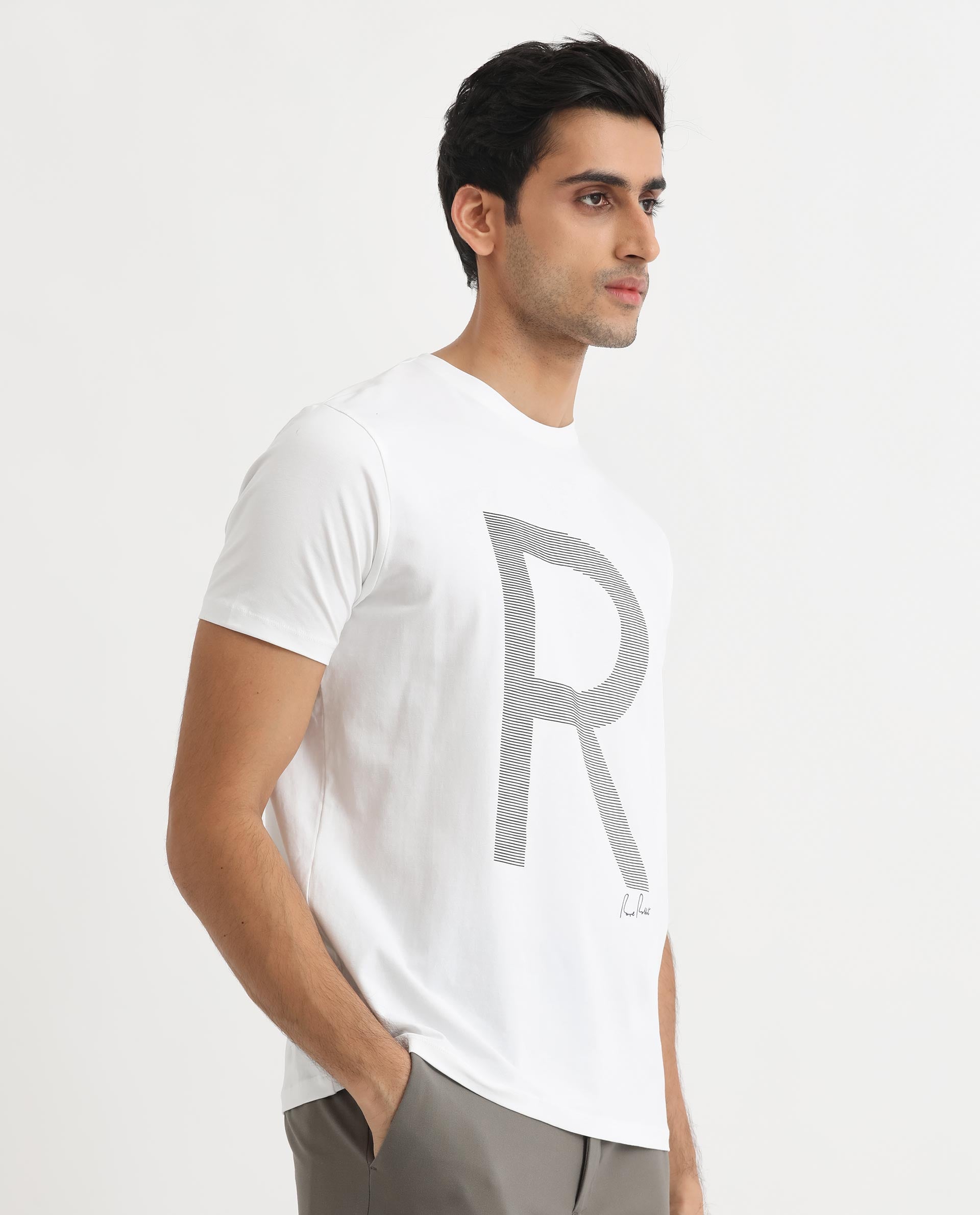 Rare Rabbit Men's Radd White Crew Neck Logo Printed Half Sleeves Slim Fit T-Shirt