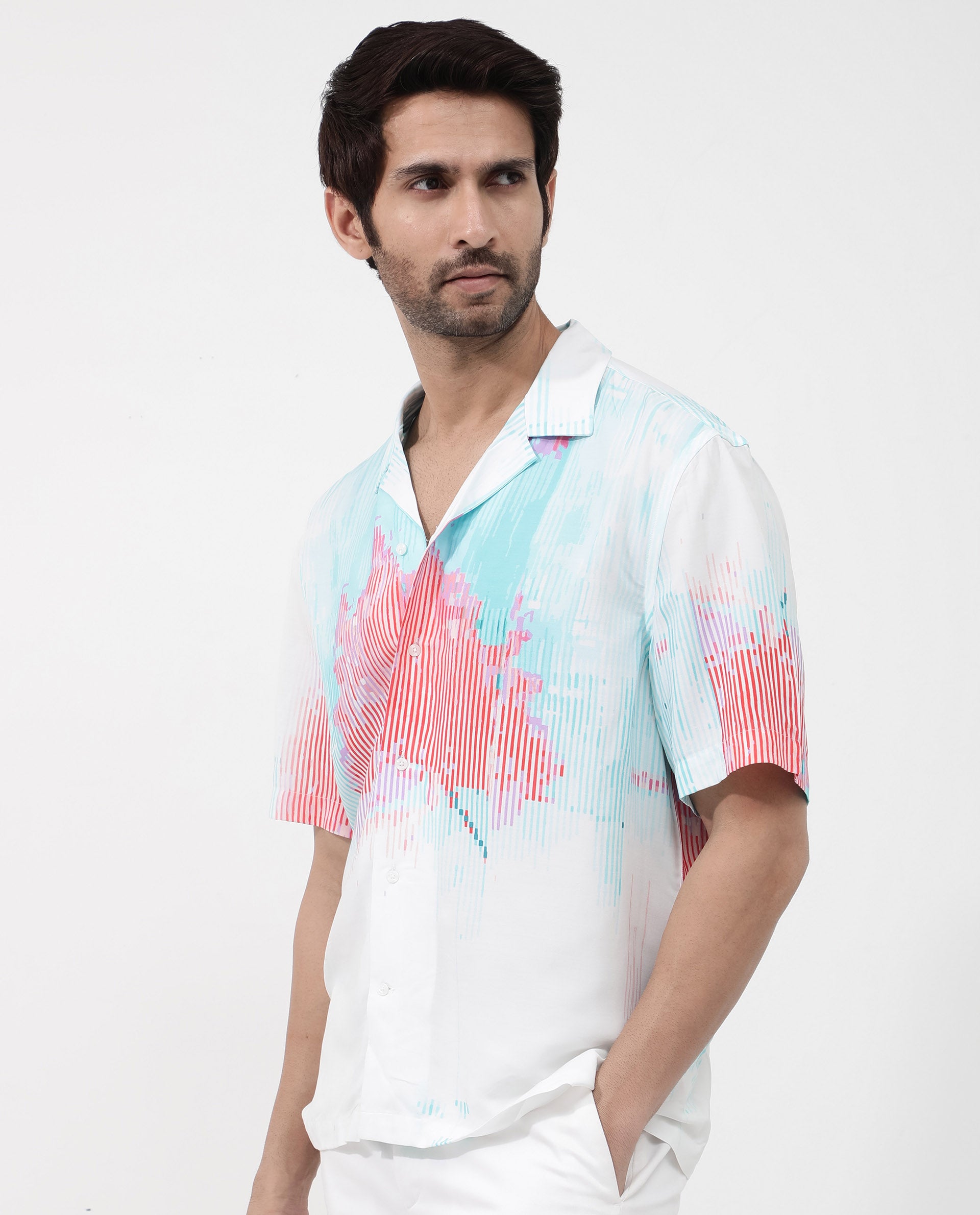 Rare Rabbit Mens Radet White Viscose Fabric Cuban Collar Short Sleeve Boxy Fit Abstract Print Shirt