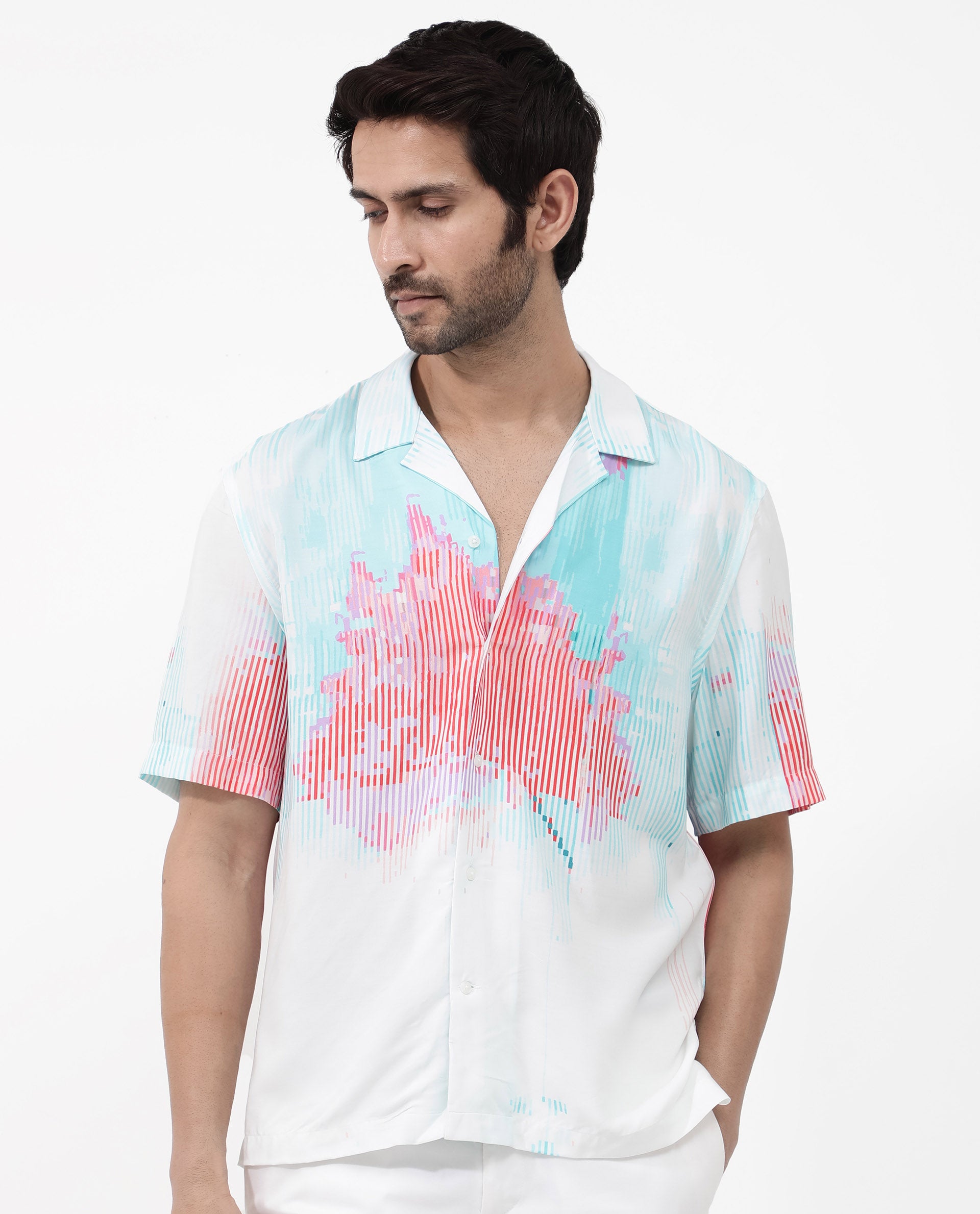 Rare Rabbit Mens Radet White Viscose Fabric Cuban Collar Short Sleeve Boxy Fit Abstract Print Shirt