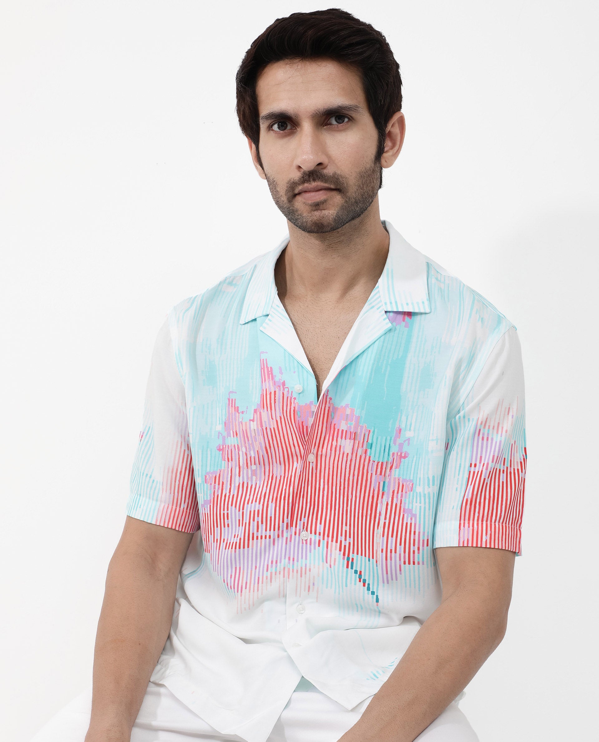Rare Rabbit Mens Radet White Viscose Fabric Cuban Collar Short Sleeve Boxy Fit Abstract Print Shirt