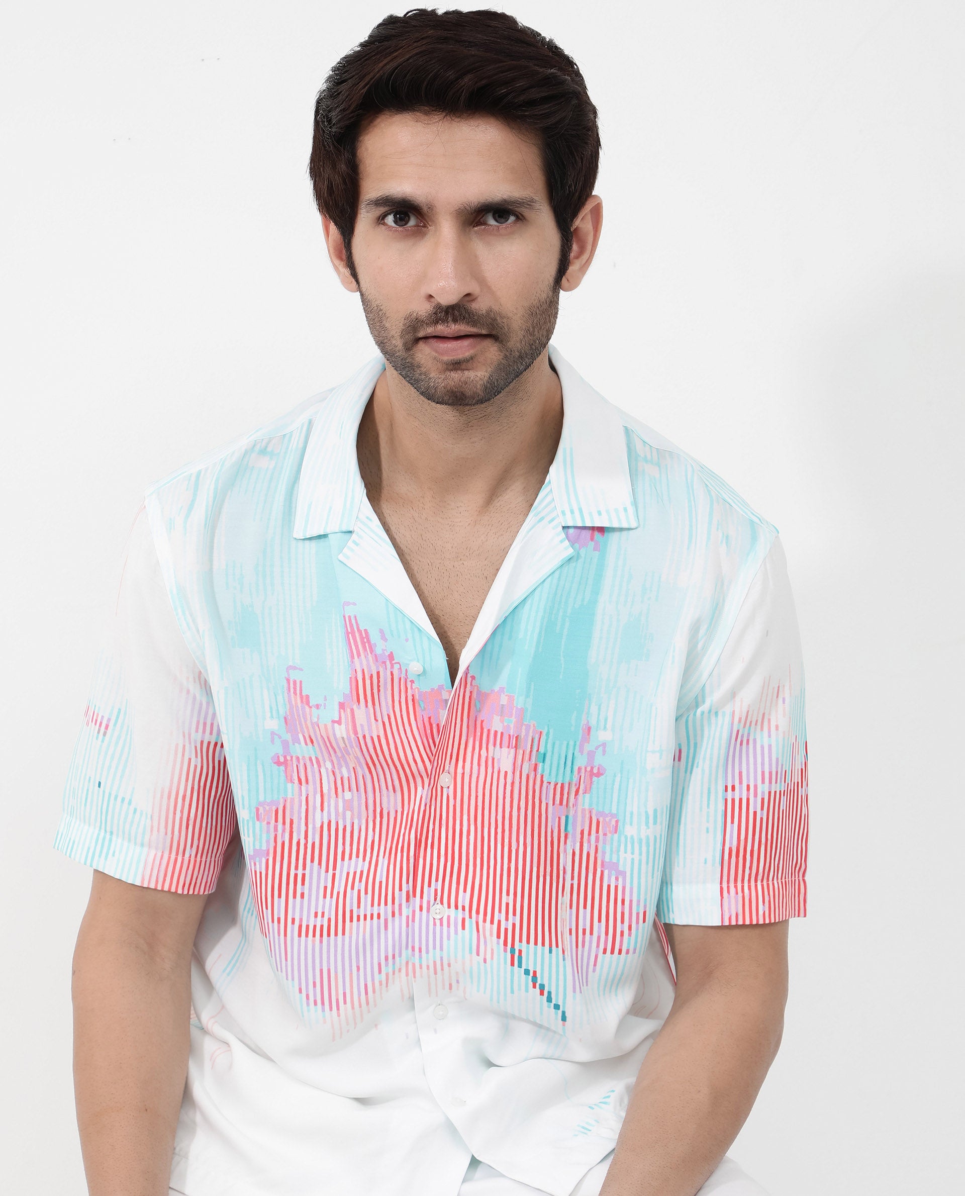 Rare Rabbit Mens Radet White Viscose Fabric Cuban Collar Short Sleeve Boxy Fit Abstract Print Shirt