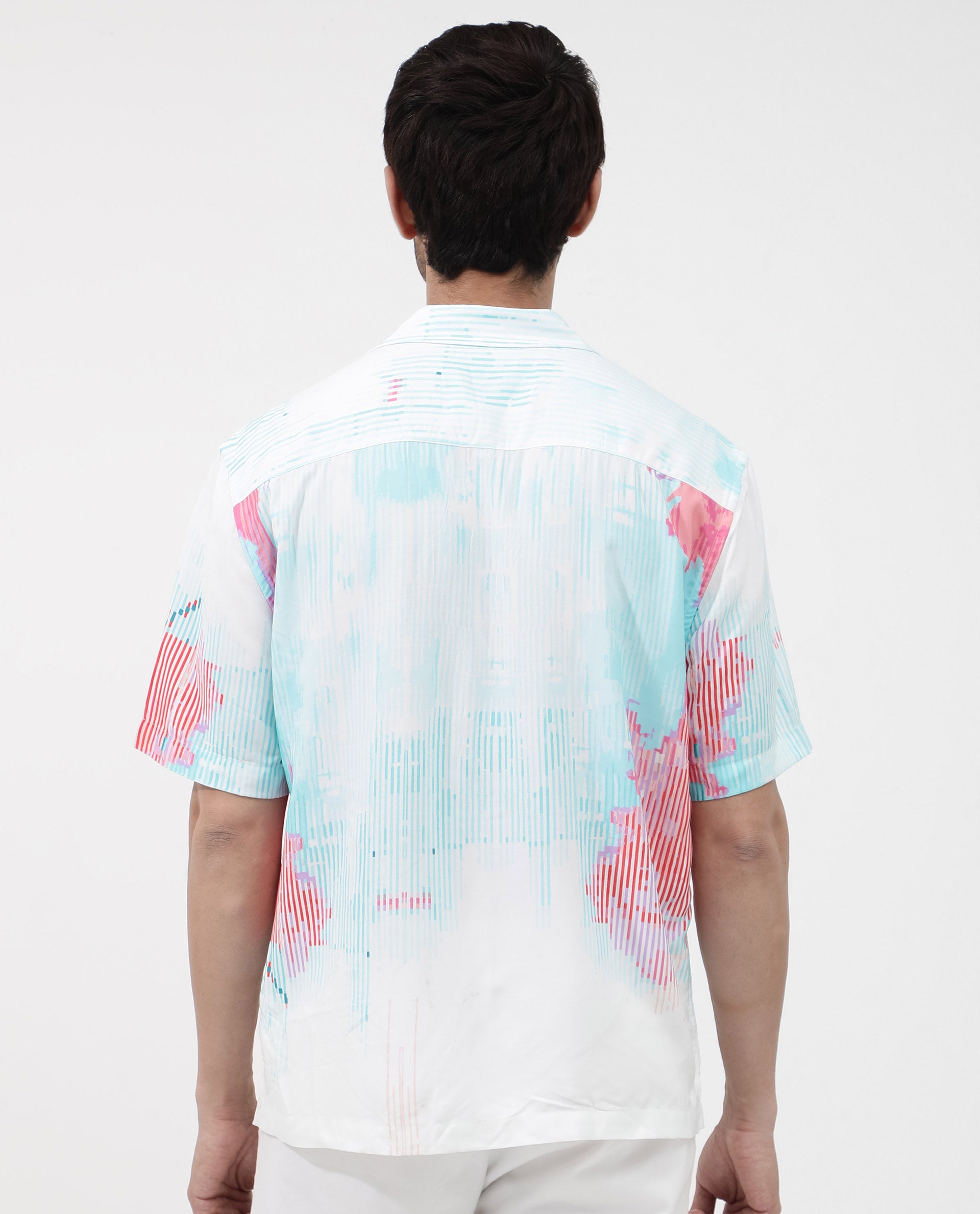 Rare Rabbit Mens Radet White Viscose Fabric Cuban Collar Short Sleeve Boxy Fit Abstract Print Shirt