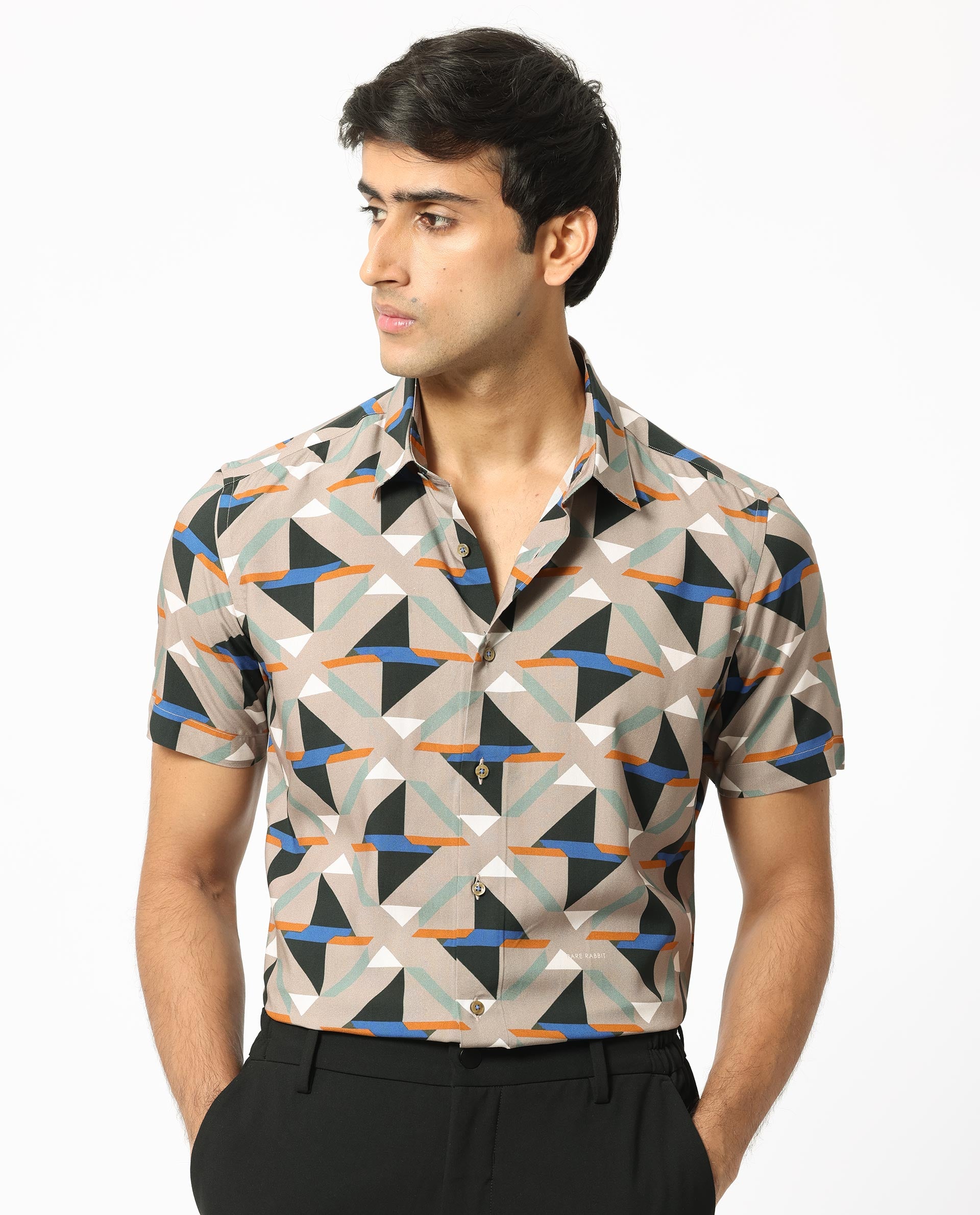 Rare Rabbit Men's Radium Beige Viscose Fabric Geometric Print Half Sleeves Shirt