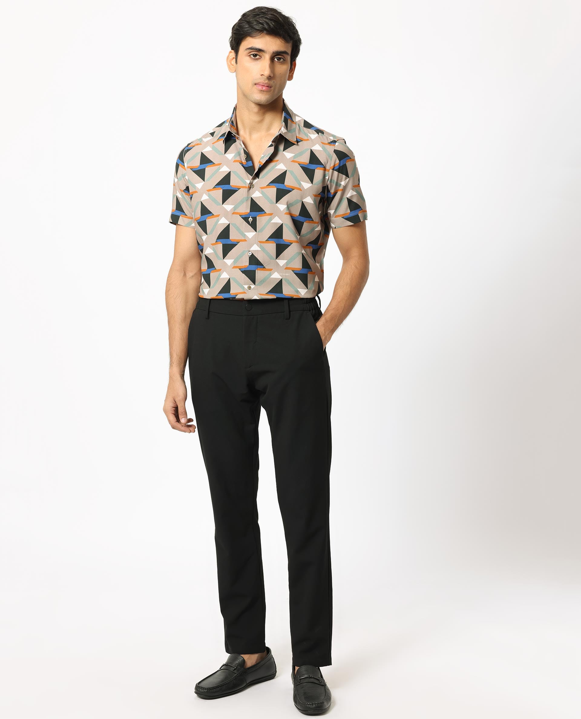 Rare Rabbit Men's Radium Beige Viscose Fabric Geometric Print Half Sleeves Shirt