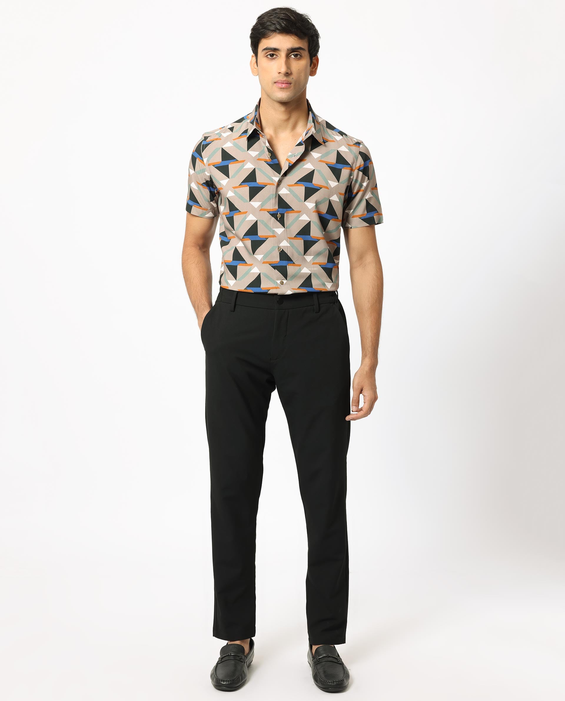 Rare Rabbit Men's Radium Beige Viscose Fabric Geometric Print Half Sleeves Shirt