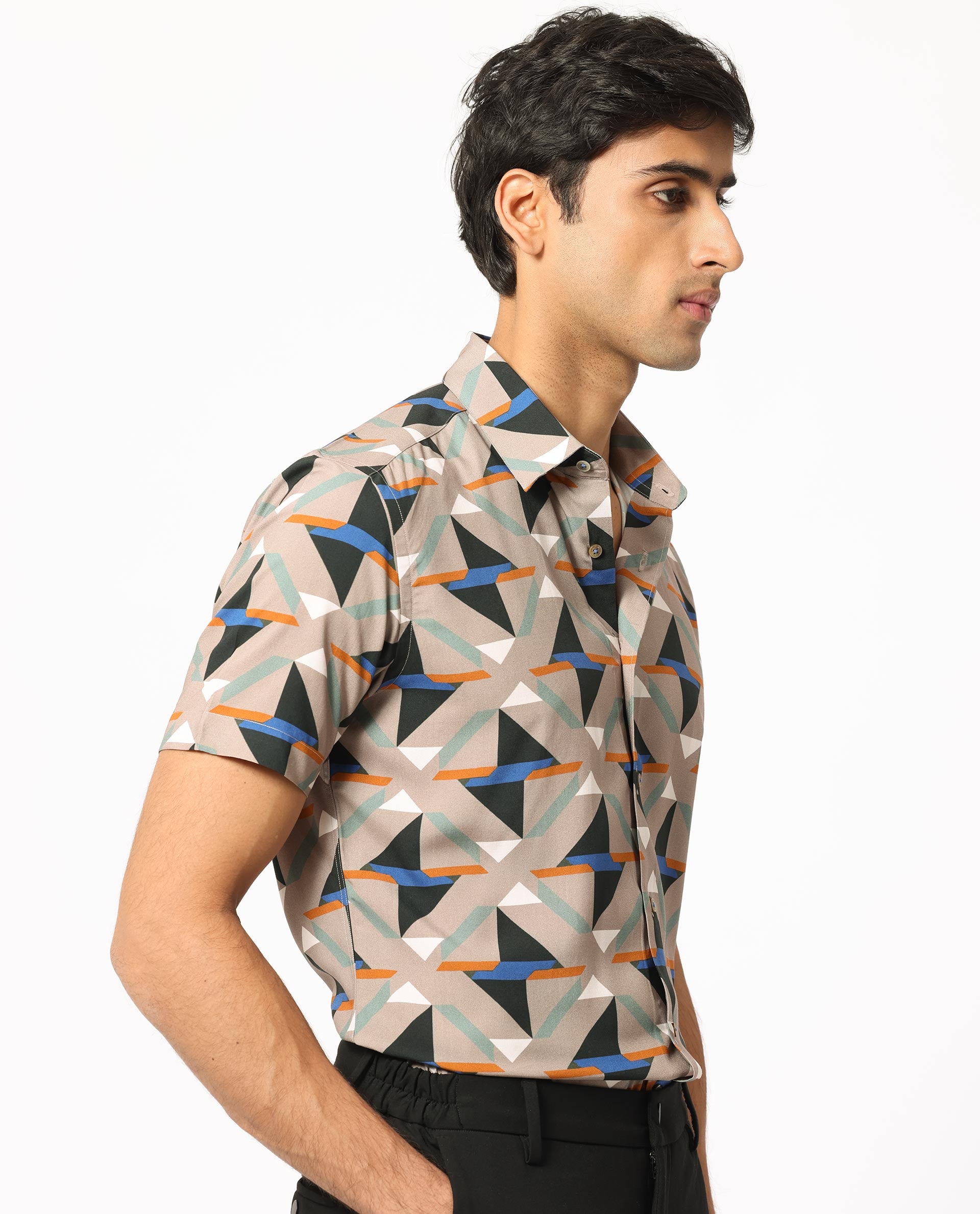 Rare Rabbit Men's Radium Beige Viscose Fabric Geometric Print Half Sleeves Shirt