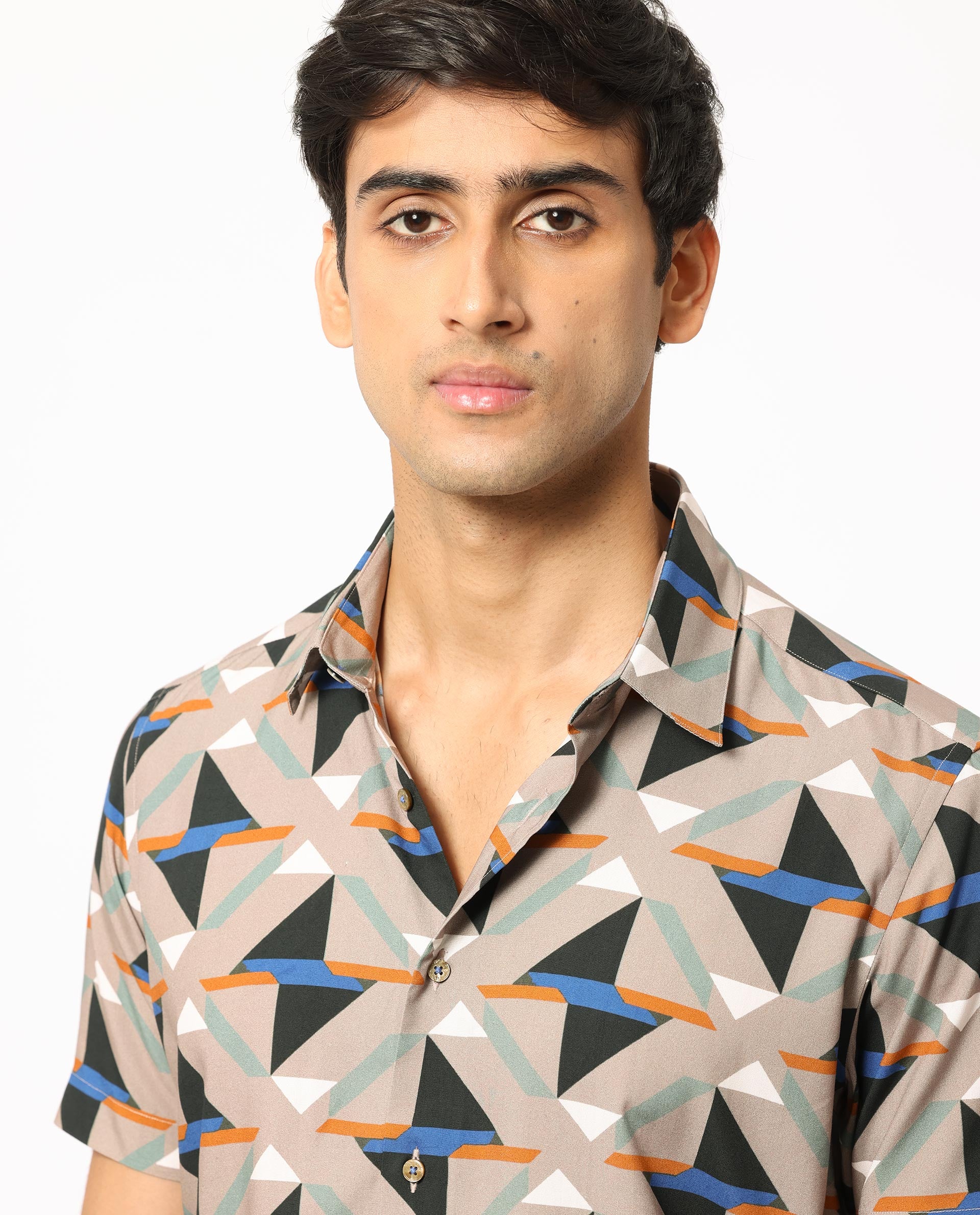 Rare Rabbit Men's Radium Beige Viscose Fabric Geometric Print Half Sleeves Shirt