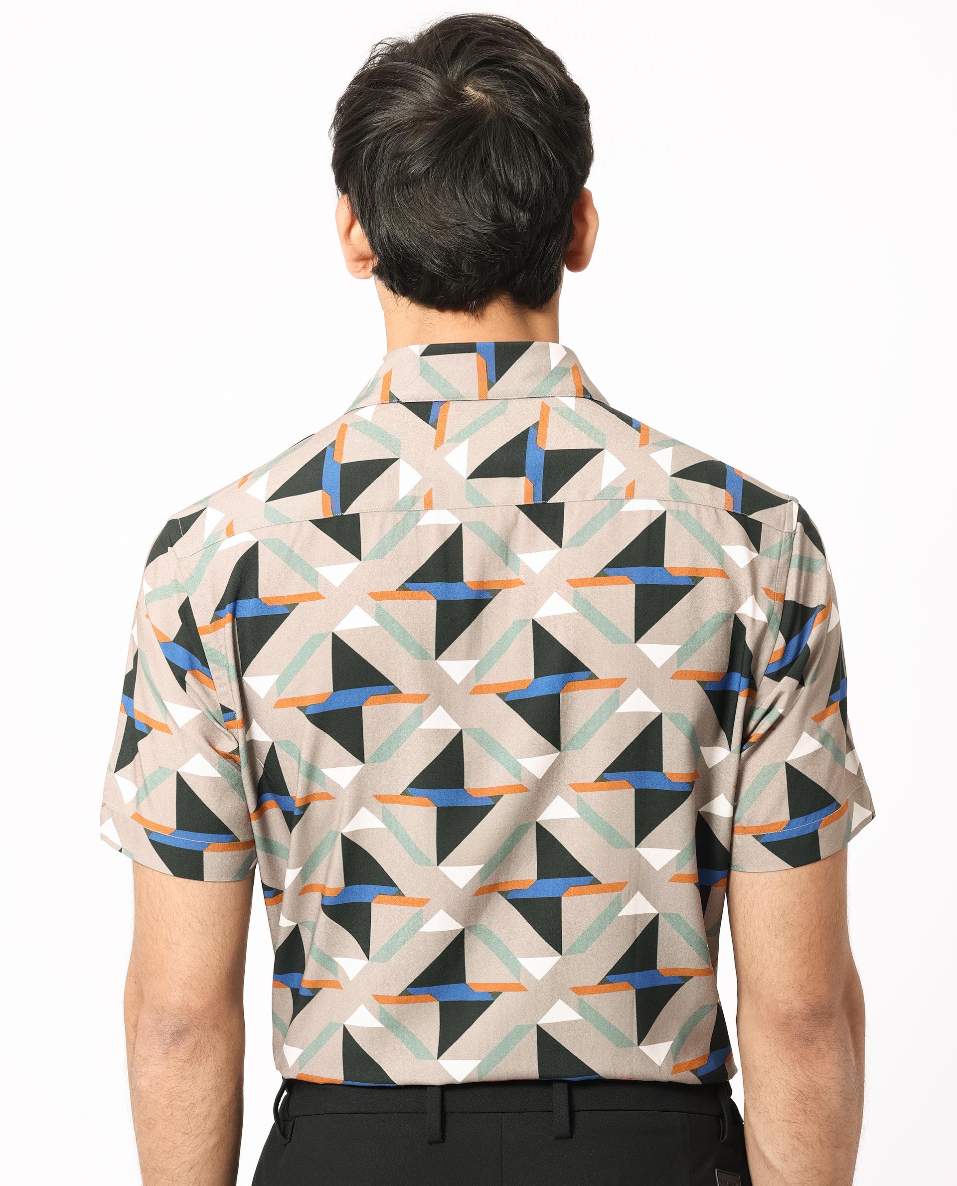 Rare Rabbit Men's Radium Beige Viscose Fabric Geometric Print Half Sleeves Shirt
